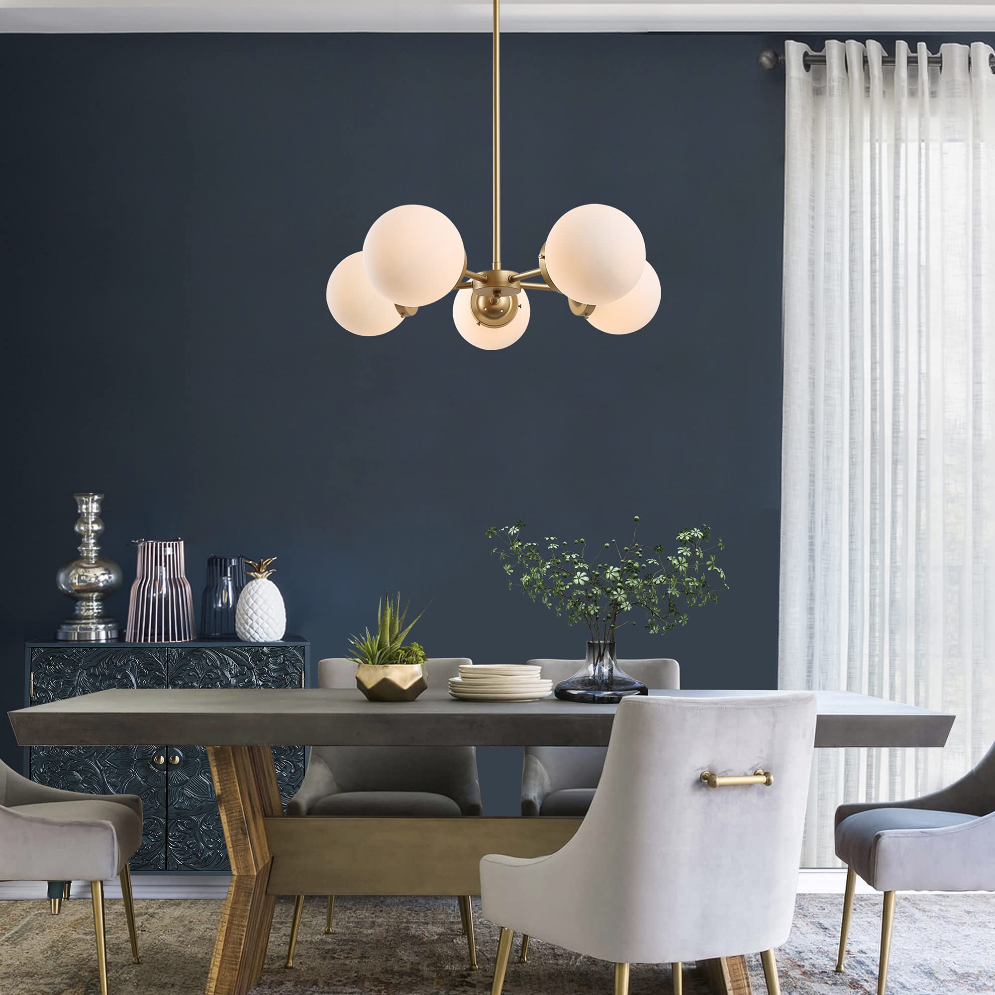 Modern Gold Chandelier Lighting Fixture - 5-Light Globe Design with Frosted Glass Shades for Dining Room, Bedroom, Foyer & Kitchen | Elegant Ceiling Light for Home Decor & Interior Design
