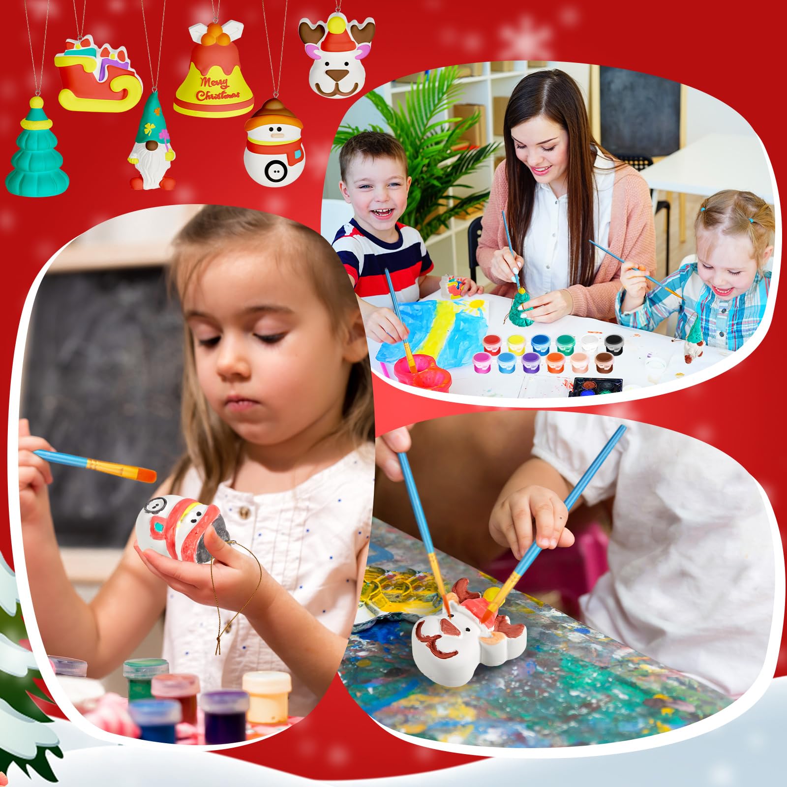 Syhood 20-Piece 3D Ready-to-Paint Ceramic Christmas Ornaments Kit - DIY Ceramic Painting Craft Set with 4 Acrylic Paints & 10 Brushes - Holiday Decorations for Adults (6 Styles) - Perfect for Christmas Tree Decor, Gift Making & Family Craft Activities