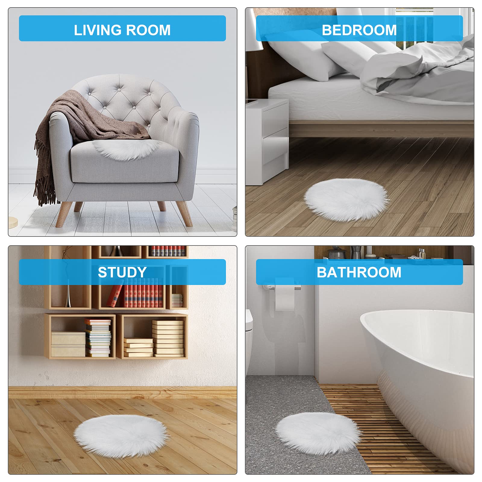 Molain 12-inch Round Faux Fur Chair Pad - Soft Fluffy Seat Cushion Cover & Carpet Mat for Living Room, Bedroom, Office - Perfect as Couch Pad, Photography Background for Jewelry (White)