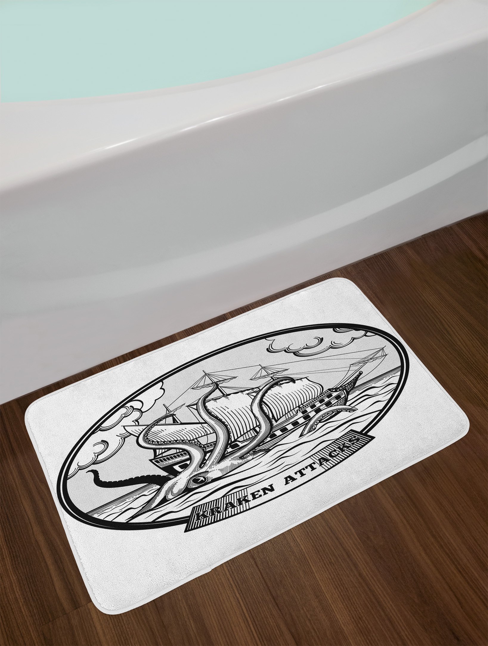 Lunarable Octopus Bath Mat - Non-Slip Plush Bathroom Rug with Sailing Ship & Kraken Monster Tentacles Retro Sketch, 30.2 x 20 Inches, Black & White - Perfect for Coastal, Nautical or Ocean-Themed Bathroom Decor