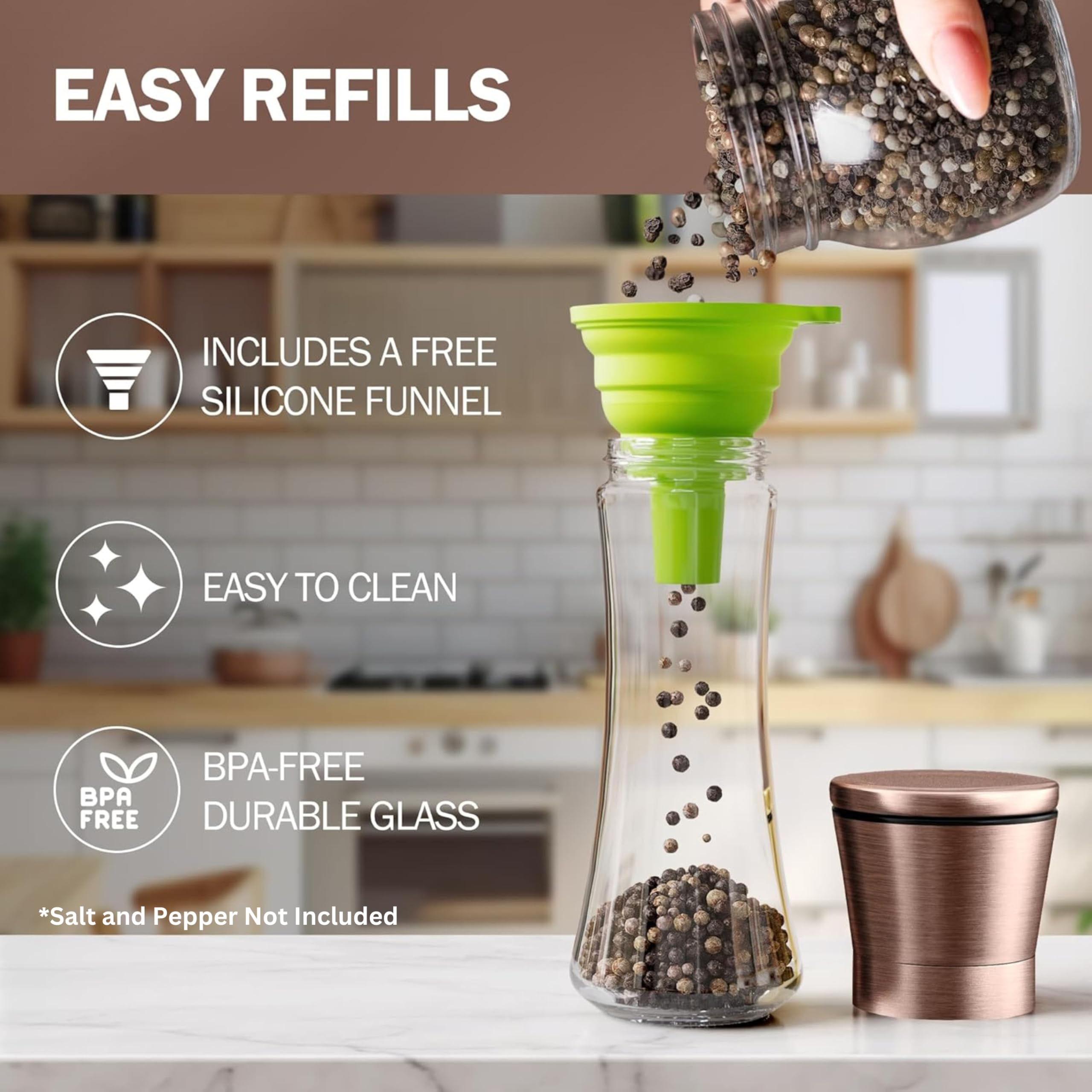 Premium Copper Salt and Pepper Grinder Set - 2 Adjustable Ceramic Core Mills with Glass Containers & Free Funnel + Ebook - Elegant Kitchen Spice Shakers for Cooking, Baking & Table Setting - Durable Copper Kitchen Accessories