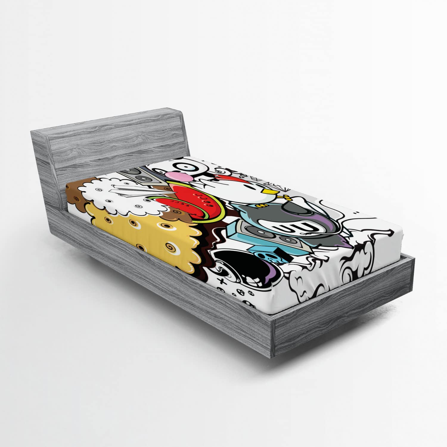 Ambesonne Indie Fitted Sheet - Crazy Doodle Panda Bird Cat Watermelon Print, All-Round Elastic Deep Pocket Twin Size Bed Cover - Perfect for Kids' Rooms, Dorm Decor & Themed Bedrooms (Multicolor)