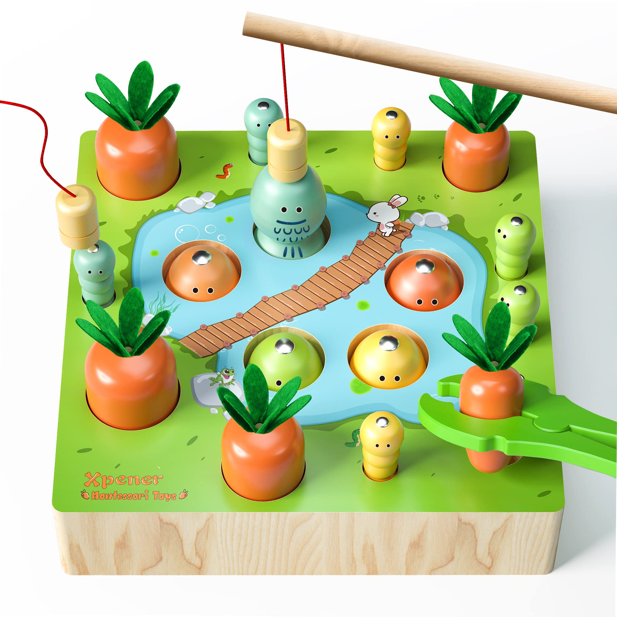 Montessori Wooden Toys for 1 2 3 Year Old Boys & Girls - Educational Carrot Harvest Game, Magnetic Fishing & Worm Catching, Shape Sorting Matching Learning Toys - Perfect for Toddler Preschool Activities, Birthday Gifts & Early Childhood Development