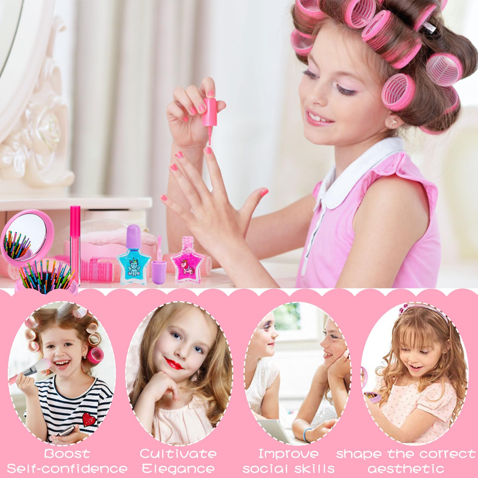 POWLYB 38PCS Kids Makeup Kit - Washable Princess Toy Gift for Girls Birthday 3-10 Years - Perfect for Dress-Up & Playtime