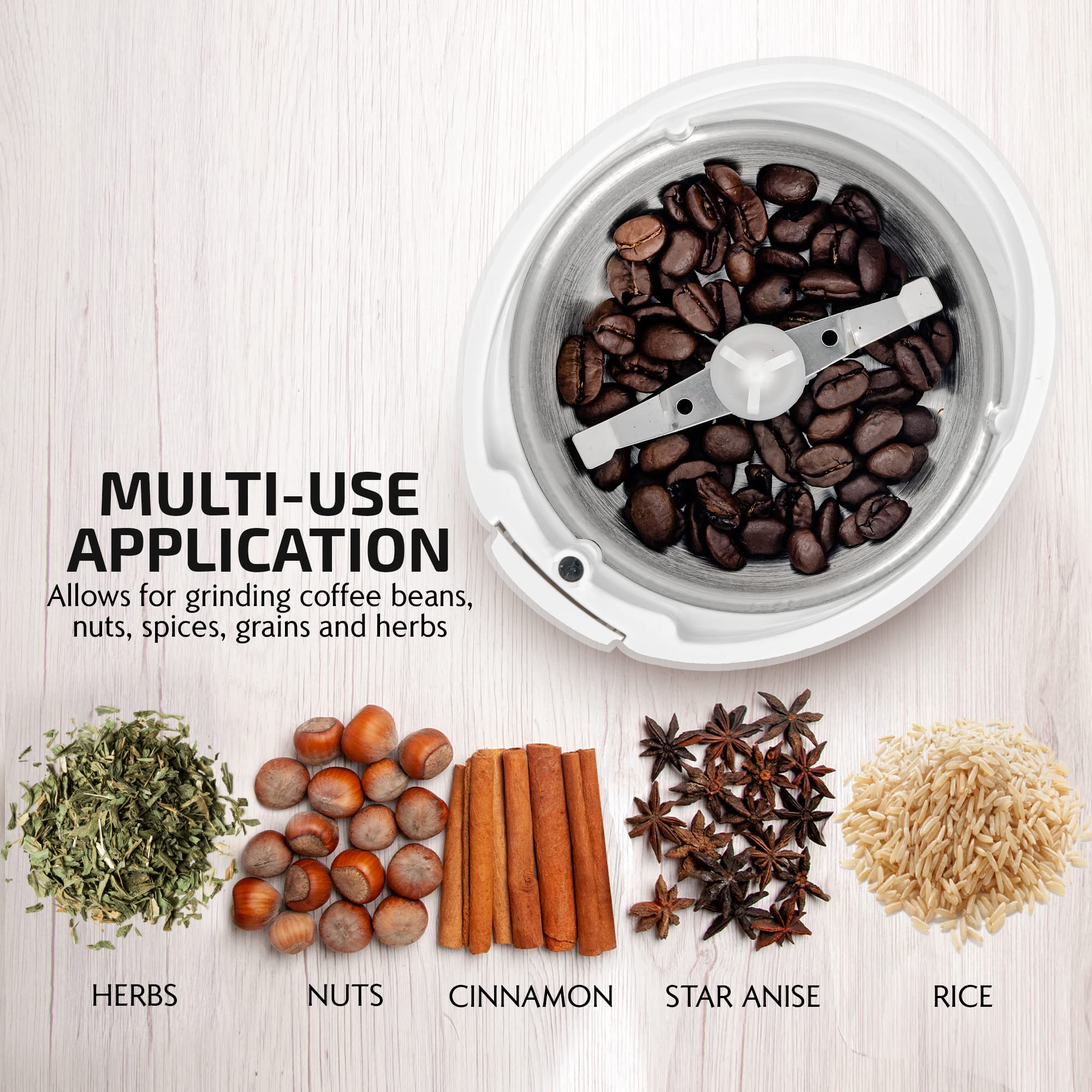 OVENTE Electric Coffee Grinder for Beans, Spices & Herbs - 2.5Oz Compact Stainless Steel Blade Mill with Pulse Button & Clear Lid - Perfect for Fresh Coffee, Spice Blends & Cooking - White CG225W