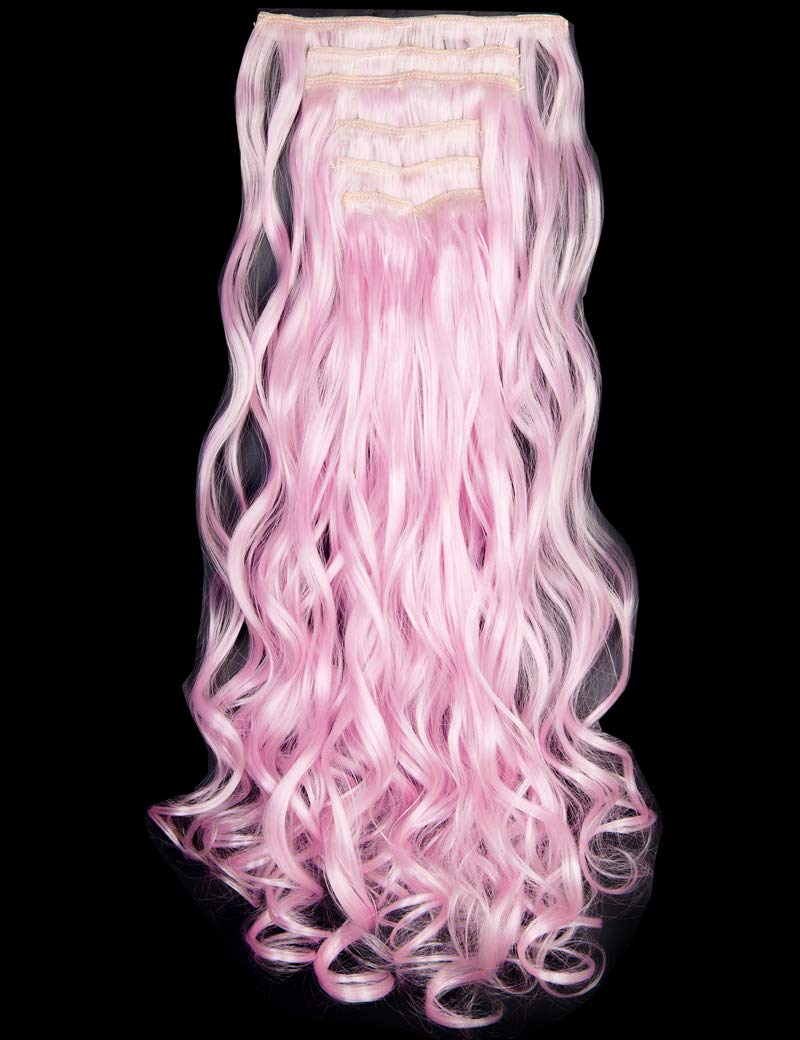 LELINTA 7Pcs 16 Clips 24 Inch Wavy Curly Clip-in Hair Extensions - Double Weft Full Head Human Hair - Light Pink for Volume & Length - Perfect for Parties, Weddings & Daily Styling