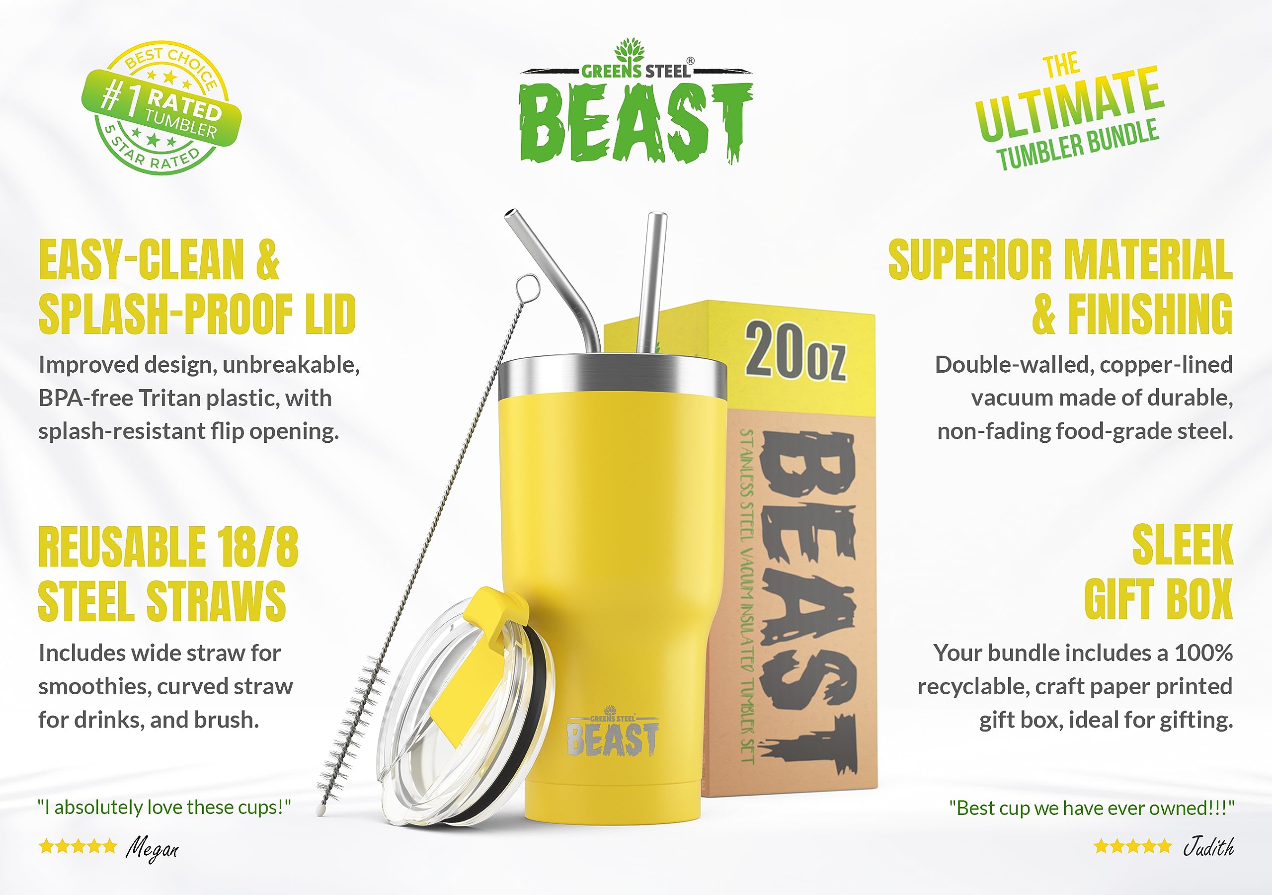 Beast 20 oz Stainless Steel Tumbler - Vacuum Insulated Double Wall Travel Mug for Coffee & Iced Drinks (Lemon) - Perfect for Office, Gym, Camping & Outdoor Activities