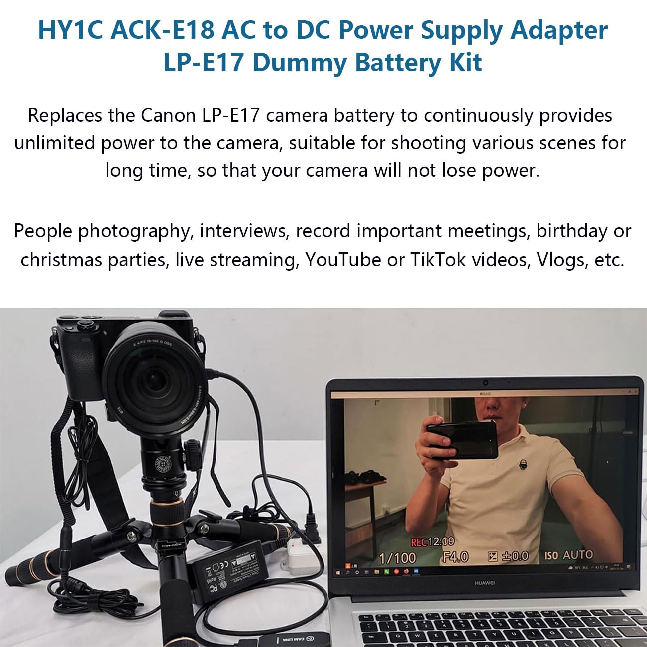 ACK-E18 AC Power Adapter & DR-E18 DC Coupler with LP-E17 Dummy Battery Kit for Canon EOS Rebel T6i/T7i/SL2/SL3/RP/R8/R10/R50/R100/T8i/T6s/77D/200D/250D/750D/760D/800D/850D/8000D - Perfect for Continuous Shooting, Studio Photography & Video Recording