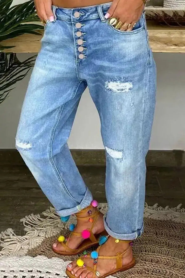 Trendy Ripped Low-Rise Button Pocket Baggy Straight Leg Jeans for Women - Casual Streetwear, Vintage Denim Pants for Everyday Wear & Outfit Styling