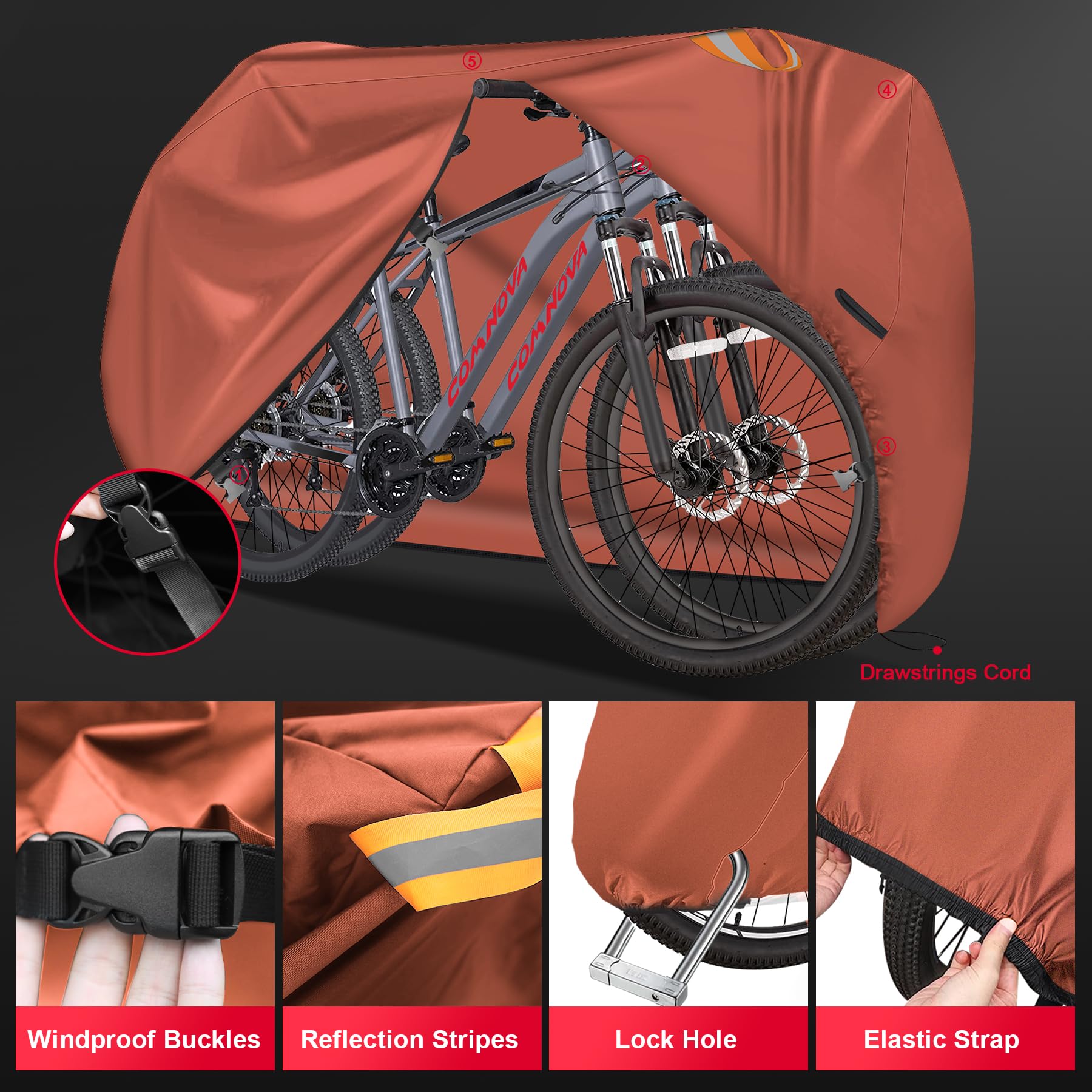 Comnova Waterproof Heavy Duty 600D Bike Cover for 2 Bikes - Outdoor Bicycle Storage Cover for eBike, Mountain Bike, Road Bike, Hybrid Bike & Beach Cruiser - Perfect for Garage, Patio & Backyard Protection