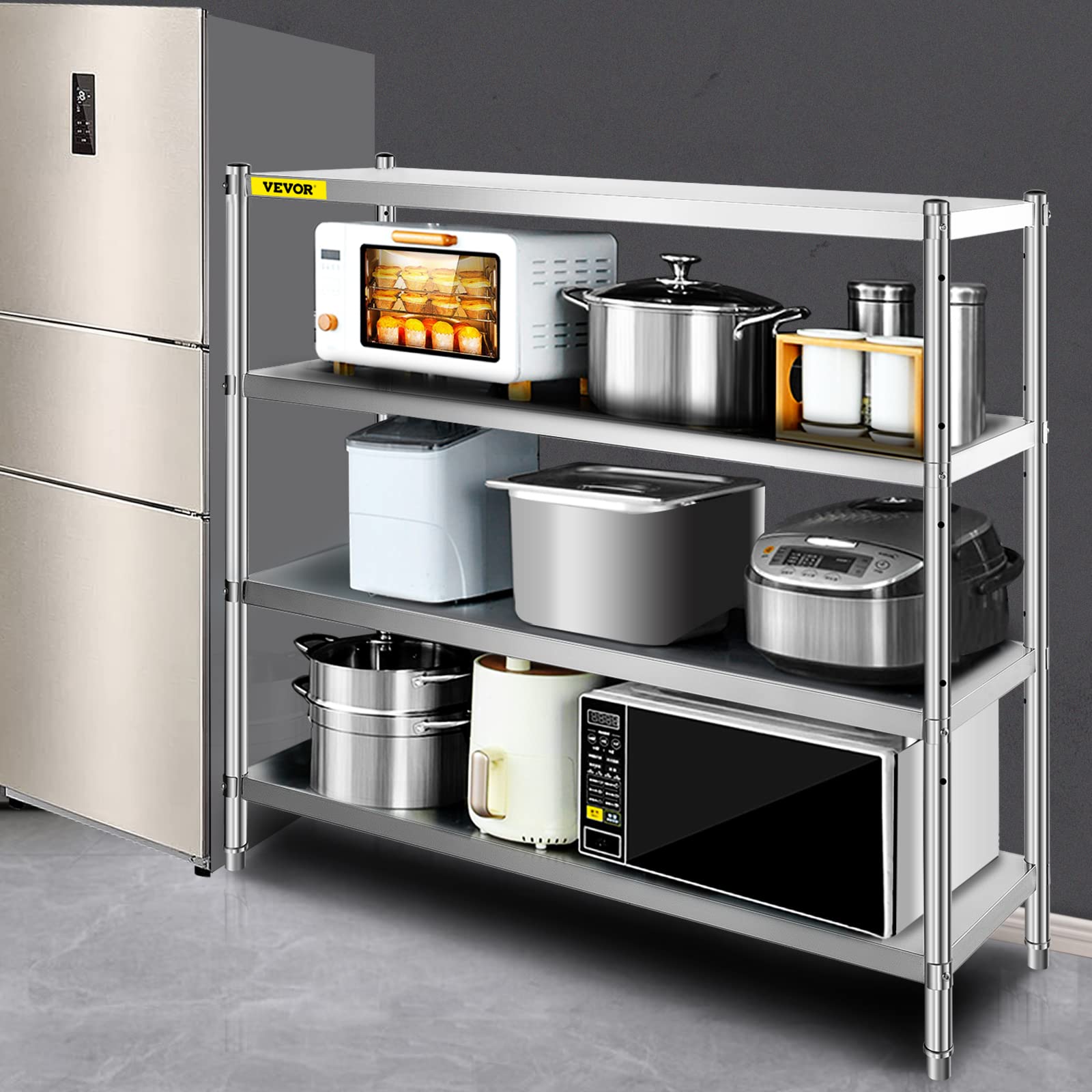 VEVOR 4-Tier Stainless Steel Storage Shelf - Heavy Duty Adjustable Shelving Unit with 1320 lbs Capacity - Perfect for Garage, Warehouse, Pantry & Home Organization