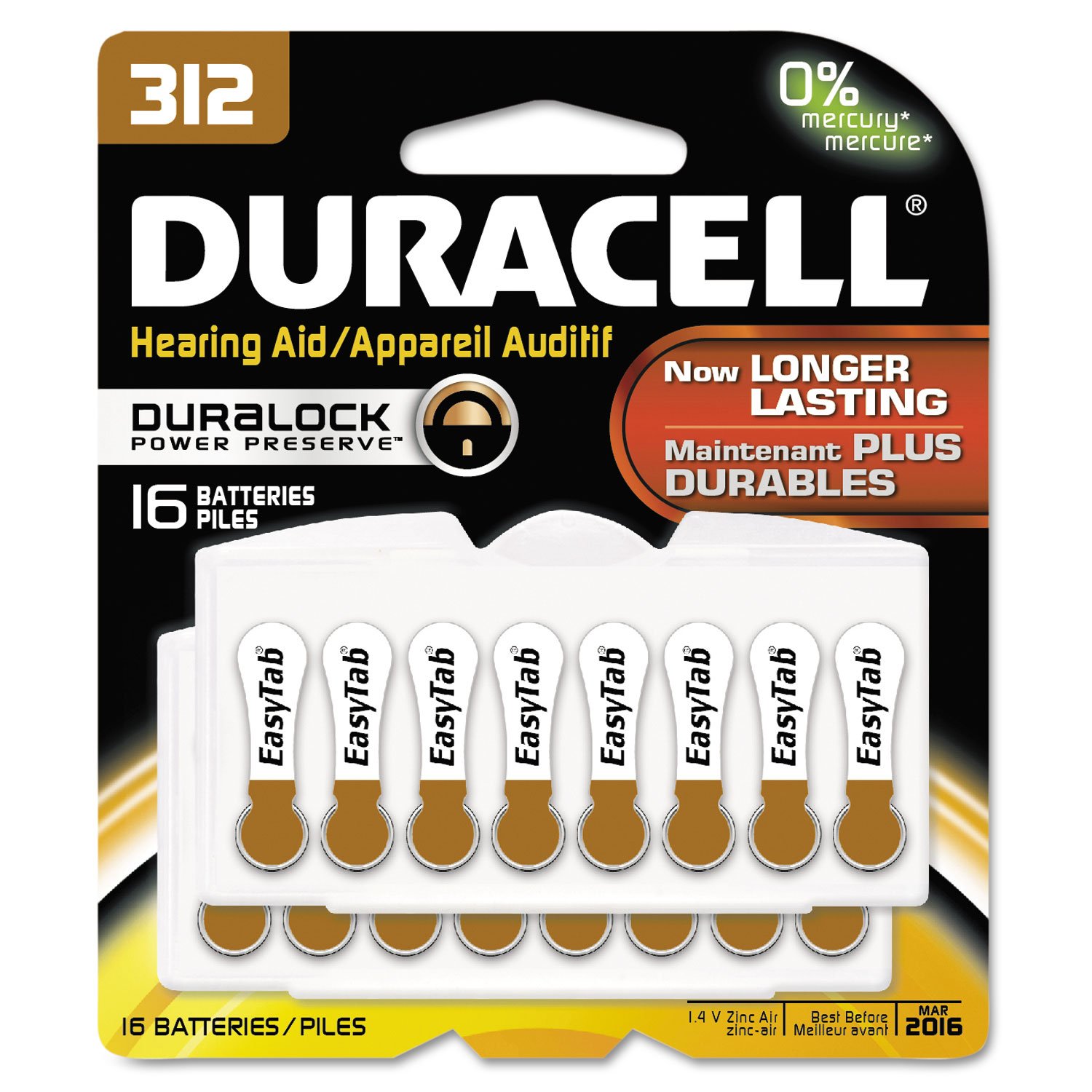 Duracell DA312B16ZM09 312 Button Cell Hearing Aid Batteries - 16 Pack | Long-Lasting Power for Hearing Aids, Watches & Medical Devices