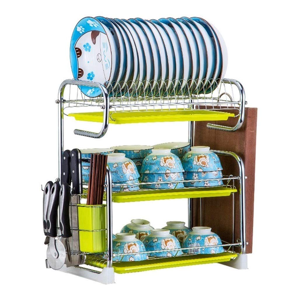3-Tier Green Dish Drying Rack for Kitchen Countertop - Space Saving Tableware Storage Organizer with Drain Tray - Perfect for Small Apartments, Dorms & RV Kitchens