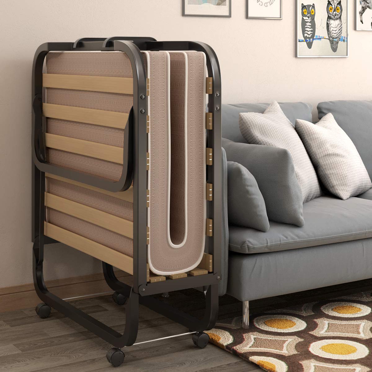 KOMFOTT Folding Guest Bed with 4 Inch Memory Foam Mattress - Portable Rollaway Bed with Sturdy Steel Frame & Wheels for Adults - Made in Italy - Perfect for Spare Rooms, Sleepovers & Small Apartments