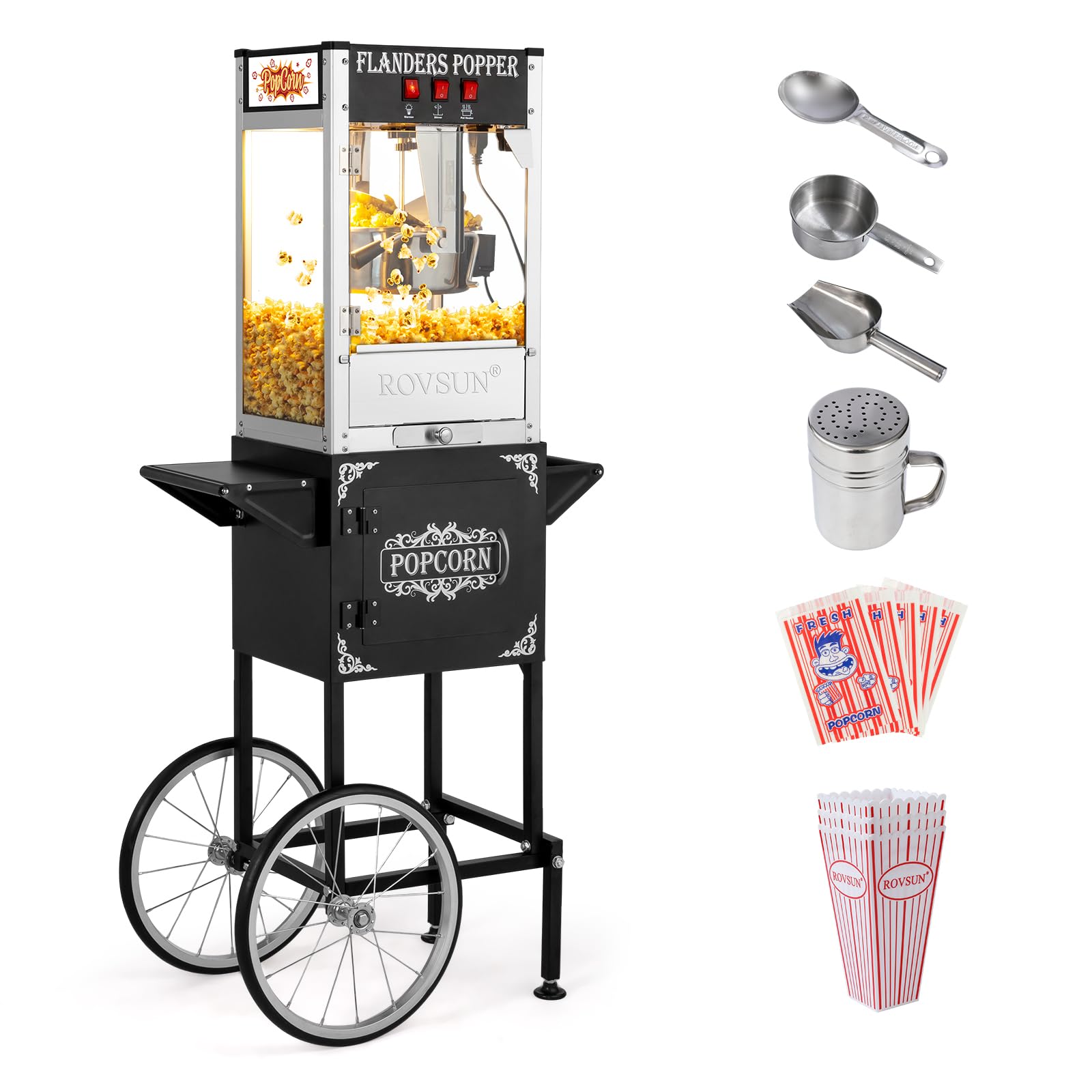 ROVSUN 8oz Commercial Popcorn Machine with Cart & Wheels - 850W Movie Theater Style Popcorn Maker for Home & Business - Includes Scoop, Oil Spoon & 3 Cups (Makes 32 Cups) - Perfect for Movie Nights, Parties, Carnivals & Concession Stands - Black