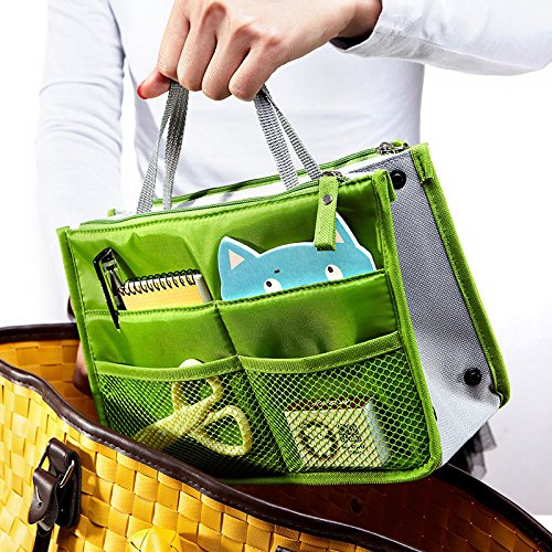 Ecokaki(TM) Multi-Pocket Nylon Purse Organizer - Cosmetic Gadget Bag Insert for Handbags (Green) | Perfect for Travel, Work & Daily Organization