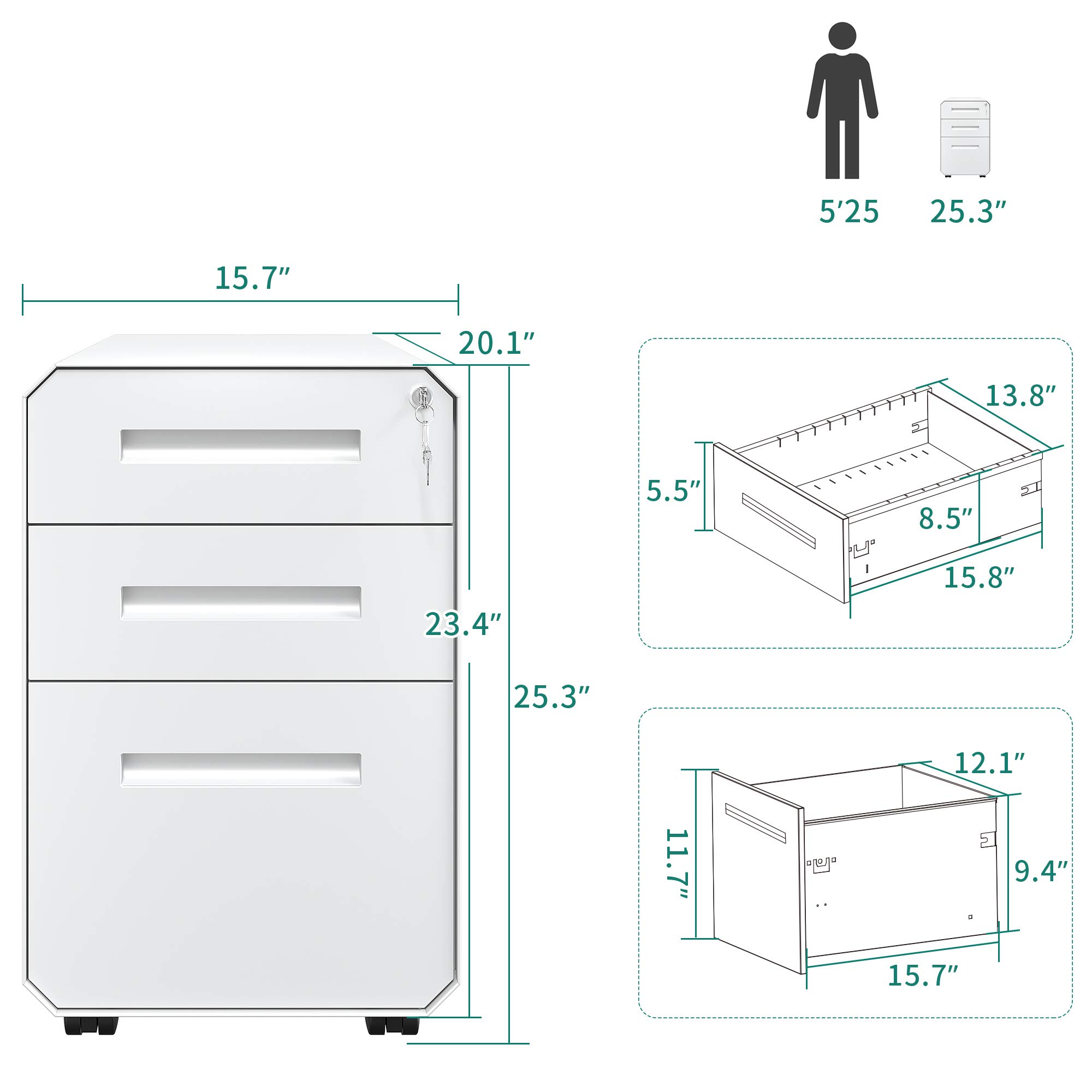 YITAHOME 3-Drawer Locking File Cabinet with Divider & Pencil Tray - Portable Metal Office Storage Cabinet for Documents, Files & Supplies - Perfect for Home Office, Workplace & School Organization (White)