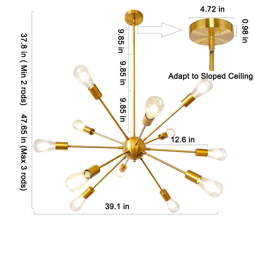 LynPon Gold Sputnik Chandelier - 12-Light Modern Adjustable Height Ceiling Fixture in Plated Gold for Dining Room, Living Room, Entryway, Foyer, Kitchen & Bedroom - Elegant Lighting for Home Decor and Special Occasions