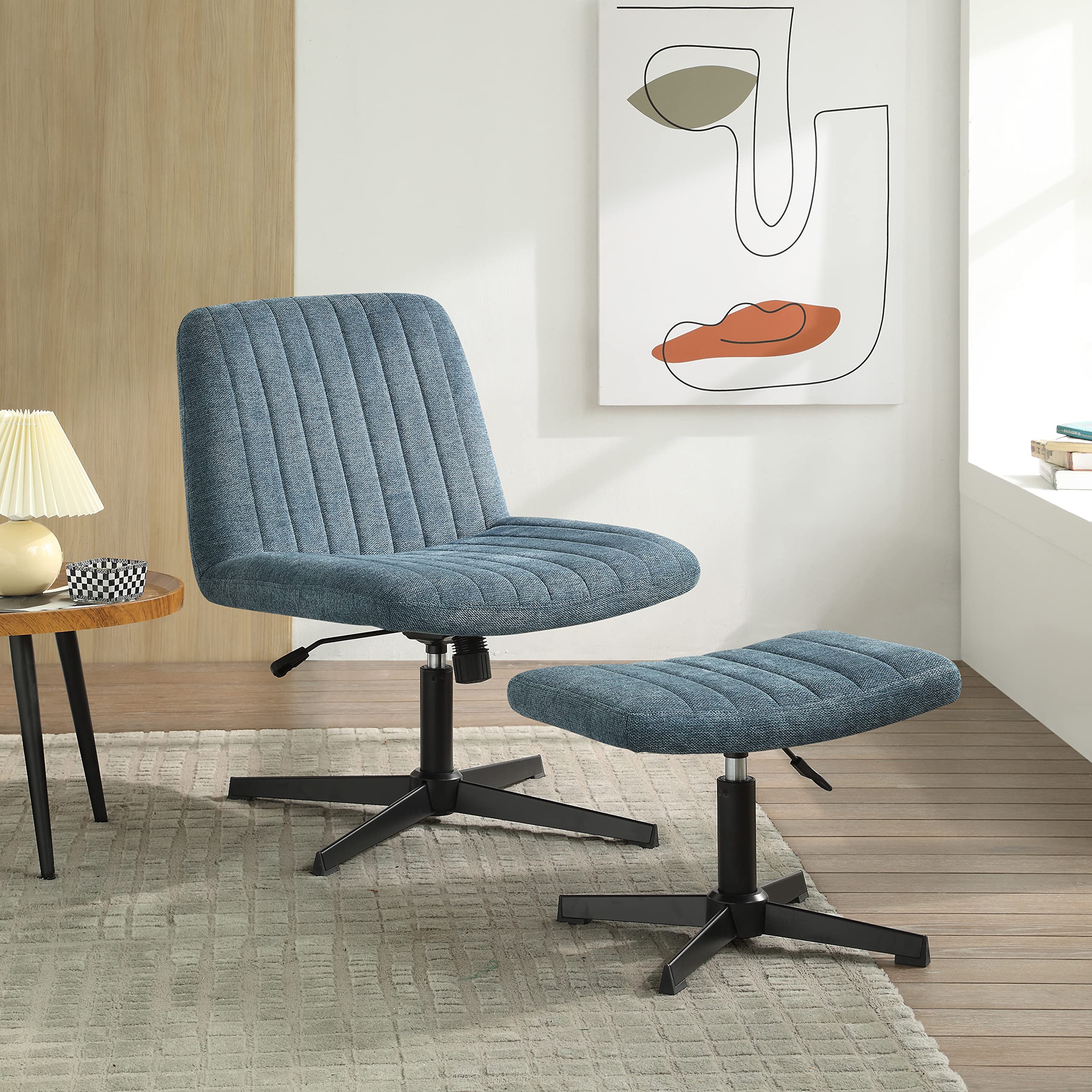 Zouron 360° Swivel Velvet Accent Chair with Ottoman - Adjustable Height Modern Tufted Wingback Club Chair, Upholstered Leisure Chair with Black Metal Legs for Office, Bedroom & Living Room - Perfect for Reading Nooks, Home Theaters and Cozy Conversation Areas (Blue)