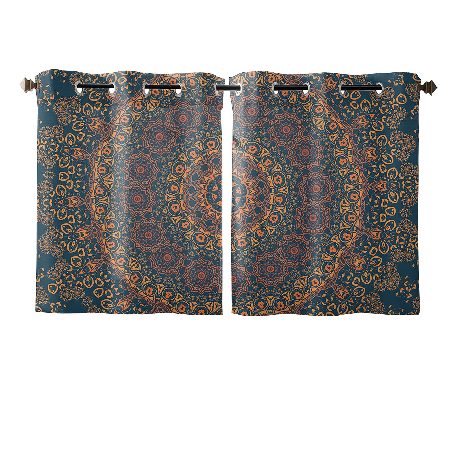 Vintage Mandala Floral Sheer Curtains - 2 Panels, 63 Inch Length, Grommet Top Window Drapes for Kitchen, Living Room, Bedroom & Patio - Light Filtering Tier Curtains for Sliding Glass Doors & Windows