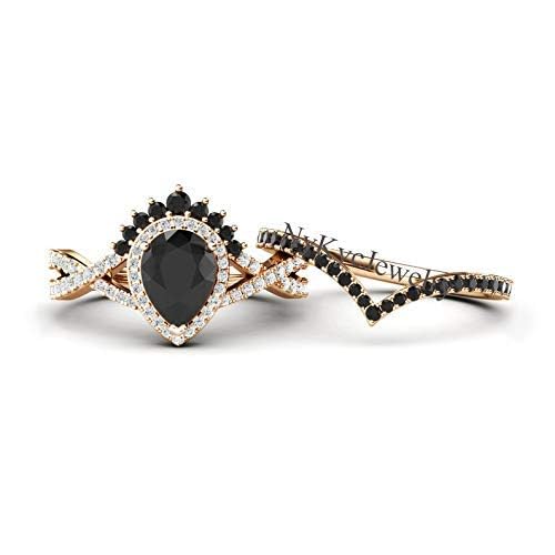 Natural Black Onyx Ring - 18k Rose Gold & 925 Sterling Silver Women's Jewelry - Pear Shaped Onyx with CZ Diamond Accents - Elegant Gemstone Ring for Valentine's Day Gifts, Anniversary or Special Occasions - Perfect for Date Nights, Weddings and Formal Events
