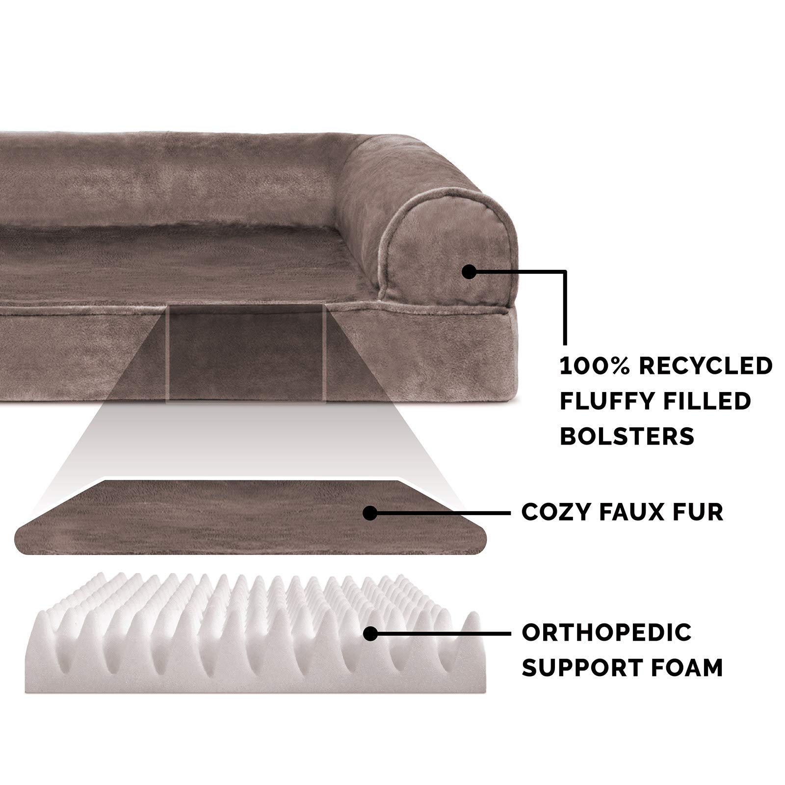Furhaven Orthopedic Dog Bed for Large & Medium Dogs - Removable Bolsters & Washable Cover - Supports Up to 55 lbs - Plush Faux Fur & Velvet Sofa Design - Driftwood Brown (Large Size) - Perfect for Living Room, Bedroom or Pet-Friendly Spaces