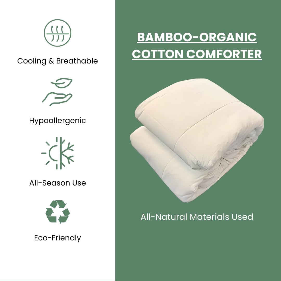 Organic Bamboo Rayon & Cotton King Size Comforter - 350 Thread Count, Box Stitching, Ultra Soft & Breathable for Hot Sleepers - Machine Washable - Perfect for All-Season Comfort in Bedroom, Guest Room, or Dorm
