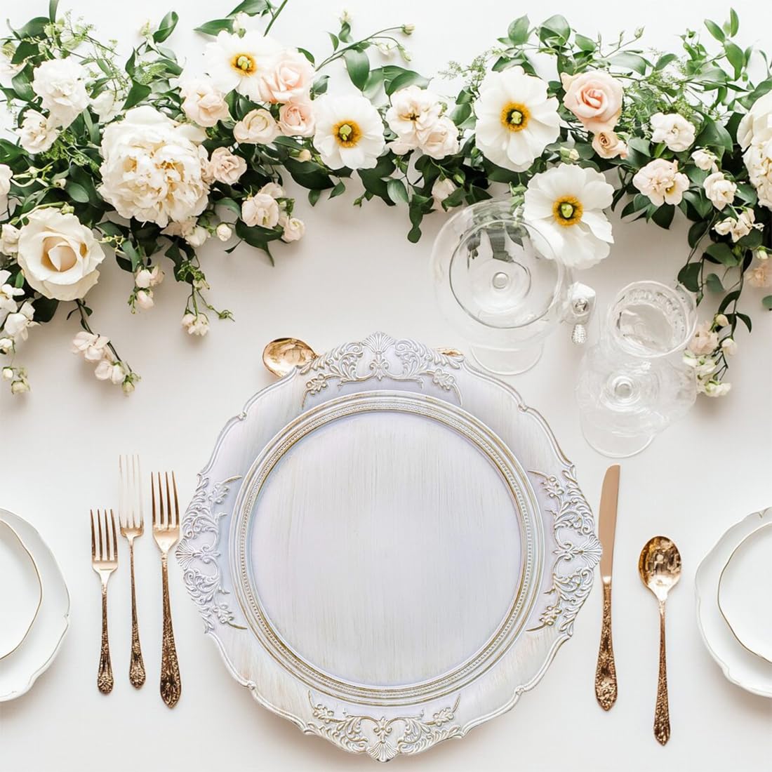 Antique White 13 Inch Embossed Plastic Charger Plates - Elegant Dinner Plate Chargers for Weddings, Parties & Formal Dining (Set of 6) | Perfect for Table Settings, Buffet Displays & Special Occasions