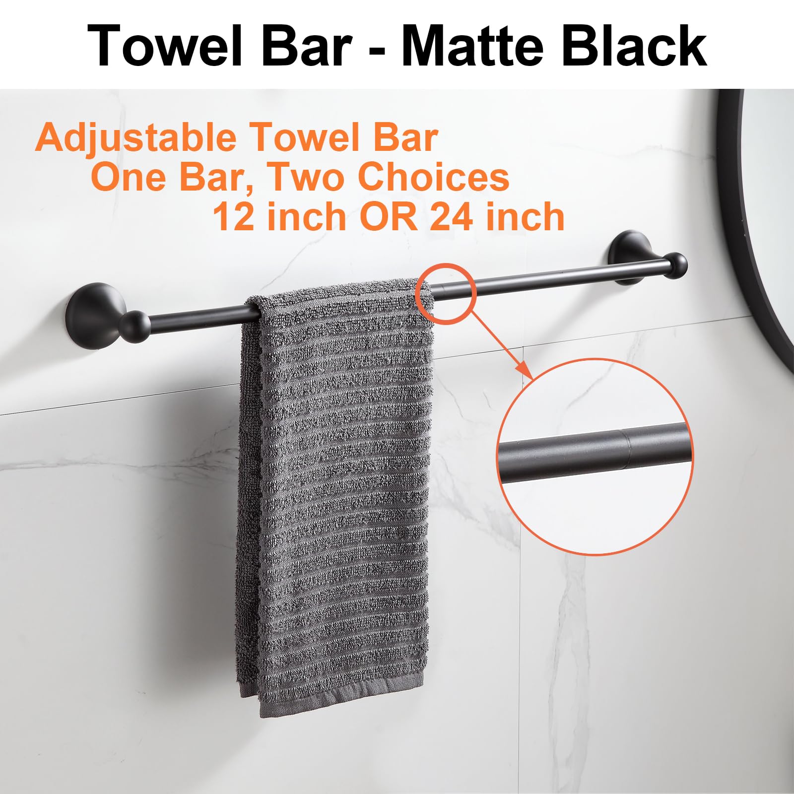 BGL Matte Black 4-Piece Bathroom Hardware Set - Adjustable Expandable Towel Bar, Wall Mounted Robe Hook, Toilet Paper Holder & Towel Ring | Modern Bathroom Accessories for Home & Hotel Decor