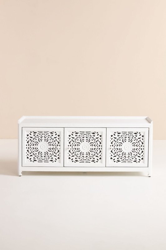 Hand Carved Lombok Storage Bench - Solid Wood Entryway Bench with Storage for Shoes & Coats | Perfect for Hallway, Living Room & Bedroom Organization