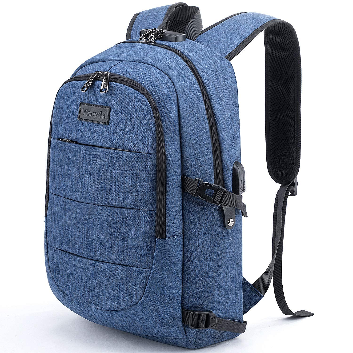 Tzowla 17.3 Inch Anti-Theft Business Laptop Backpack with USB Charging Port & Lock - Waterproof Computer Backpack for Men & Women - Perfect for Office, Travel, Hiking & College (Blue)