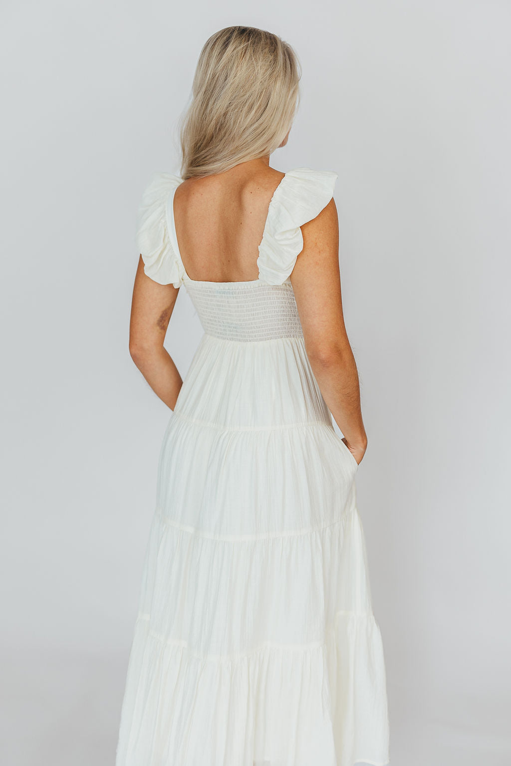 Katy Pleated Bodice Midi Dress in Cream | Bump Friendly Maternity Dress | Perfect for Baby Showers, Weddings & Special Occasions