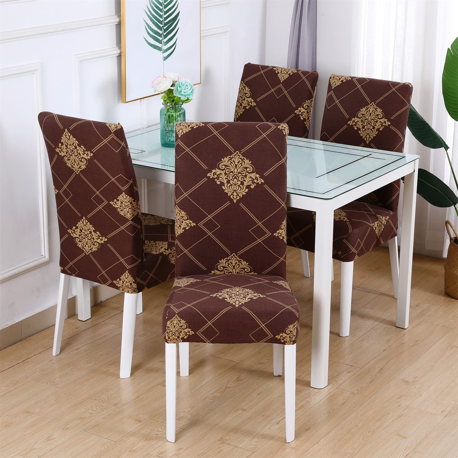 4-Pack Stretch Parsons Chair Slipcovers - Washable Spandex Dining Chair Protectors for Hotel, Office, Wedding & Events (Brown/Gold) | Perfect for Banquets, Ceremonies & Home Decor