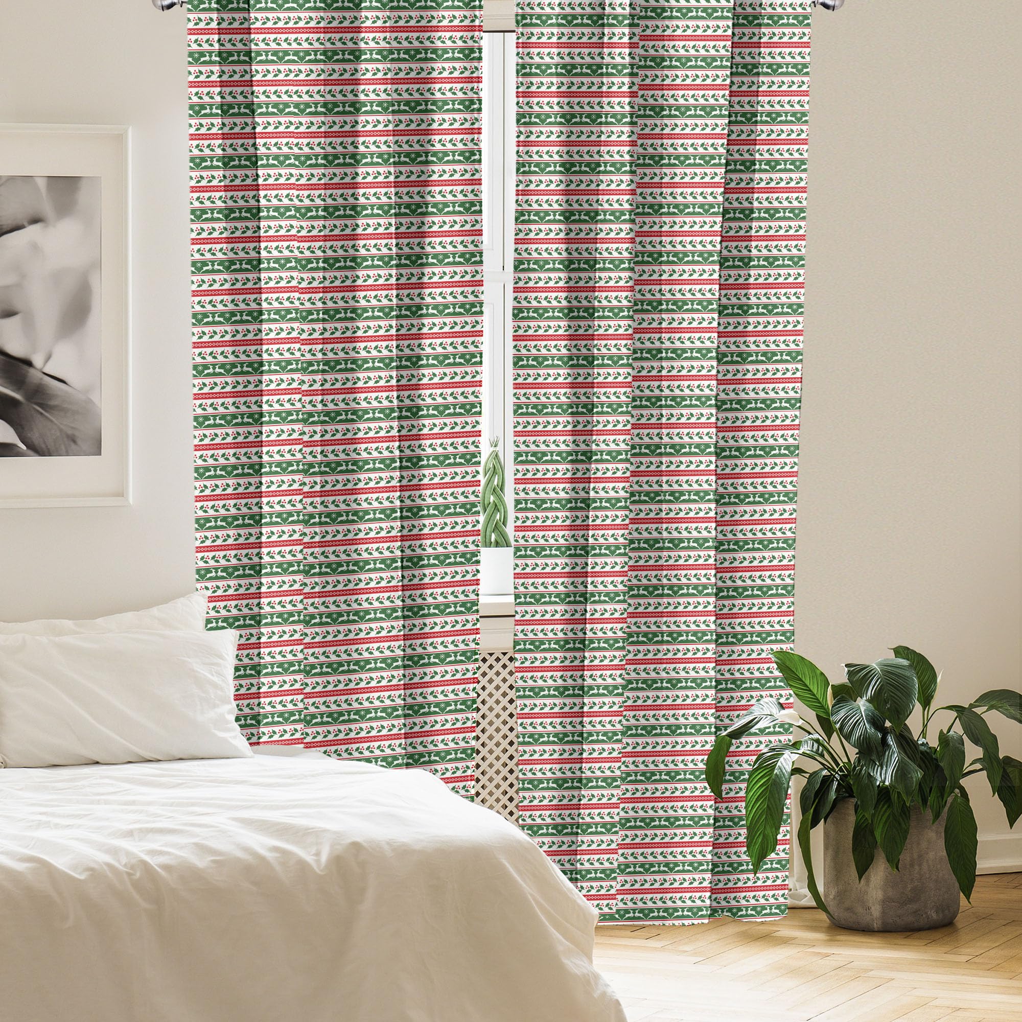 Ambesonne Christmas Curtains - Jumping Reindeers Border with Xmas Mistletoe & Poinsettia Flowers, 2 Panel Window Treatments Set (28
