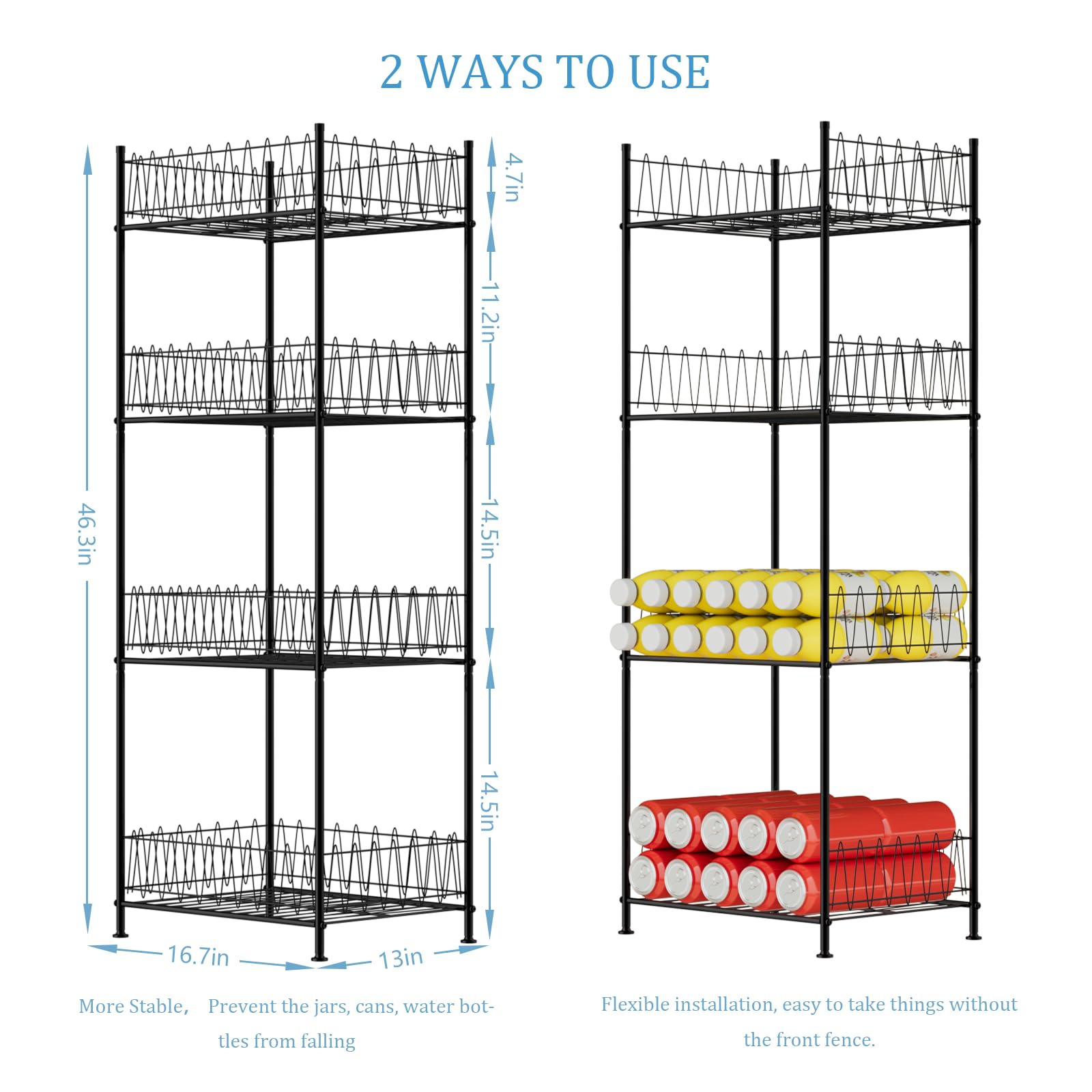 4-Tier Metal Water Bottle Organizer Rack - Free Standing Beverage & Soda Can Storage Shelf for Kitchen, Pantry, Office - Space-Saving Black Floor Stand (Perfect for Organizing Drinks in Home, Workplace or Commercial Spaces)