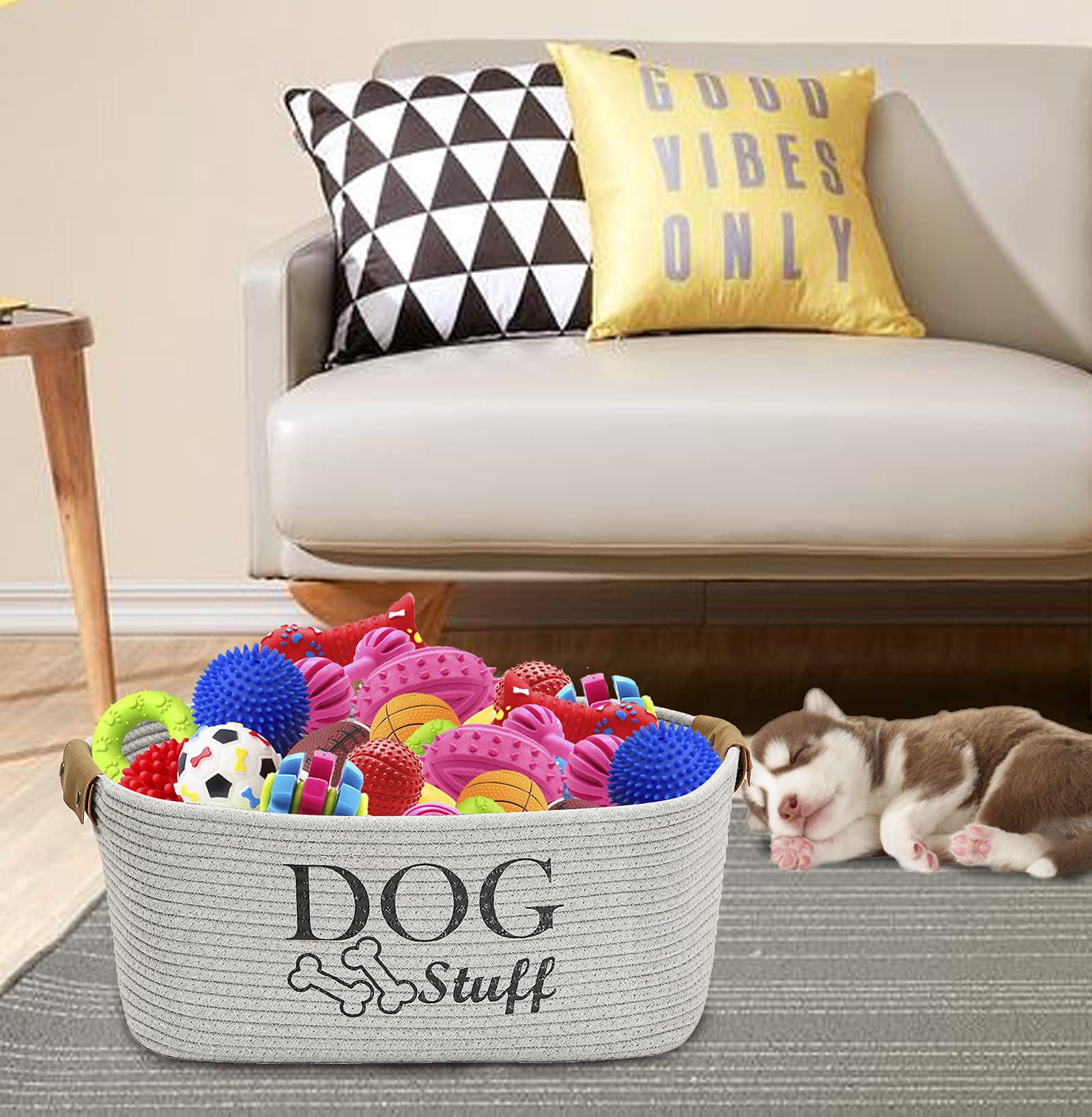Geyecete Square Cotton Rope Dog Toy Storage Basket - Pet Accessory Organizer Bin with Lid, Gray | Perfect for Living Room, Bedroom & Pet Play Area Organization