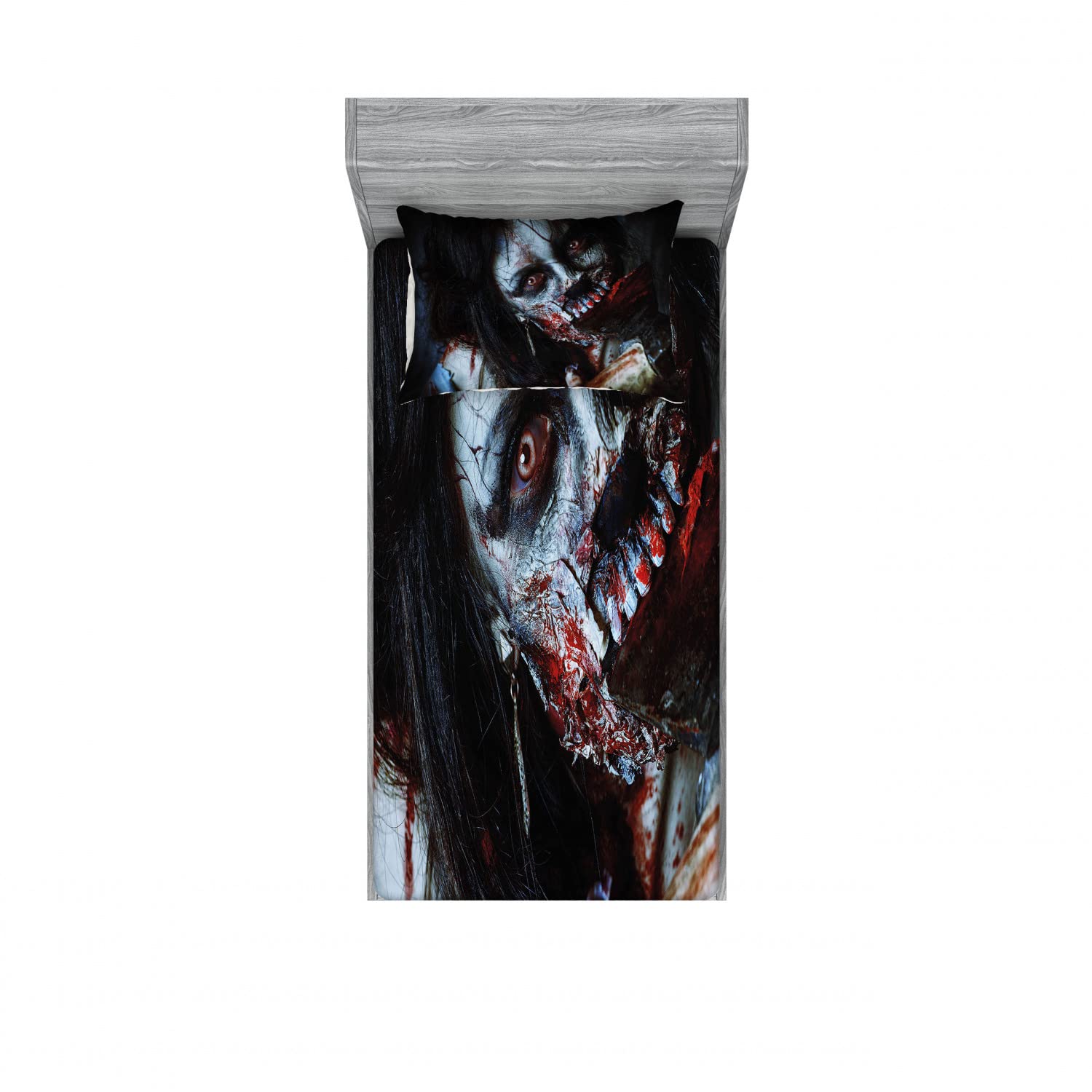 Ambesonne Zombie 2-Pack Twin XL Fitted Sheet & Pillow Sham Set - Bloody Woman Horror Theme Bedding (4-Piece) - Perfect for Halloween Decor, Horror Movie Nights & Gothic Bedroom Design