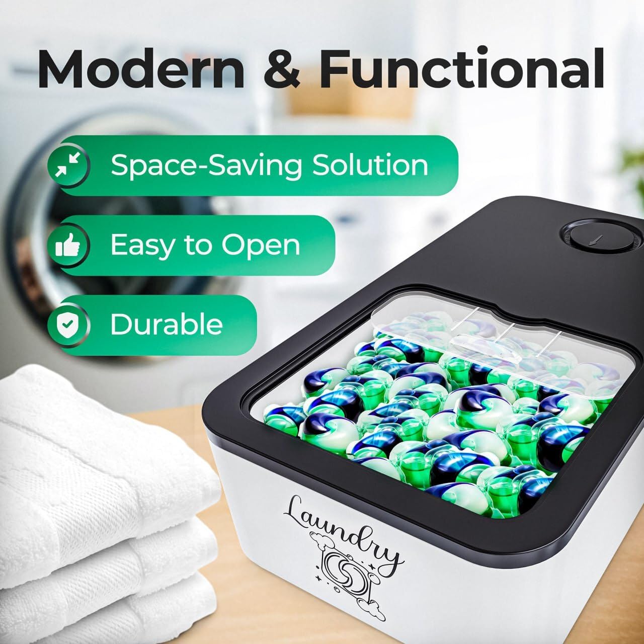 Skywin Laundry Detergent Pod Storage Container with Slide Lid - 15 x 8.7 x 4.5 Inches - Holds 11 lbs or 120-150 Pods - Black with Print - Perfect for Laundry Room Organization & Pod Storage