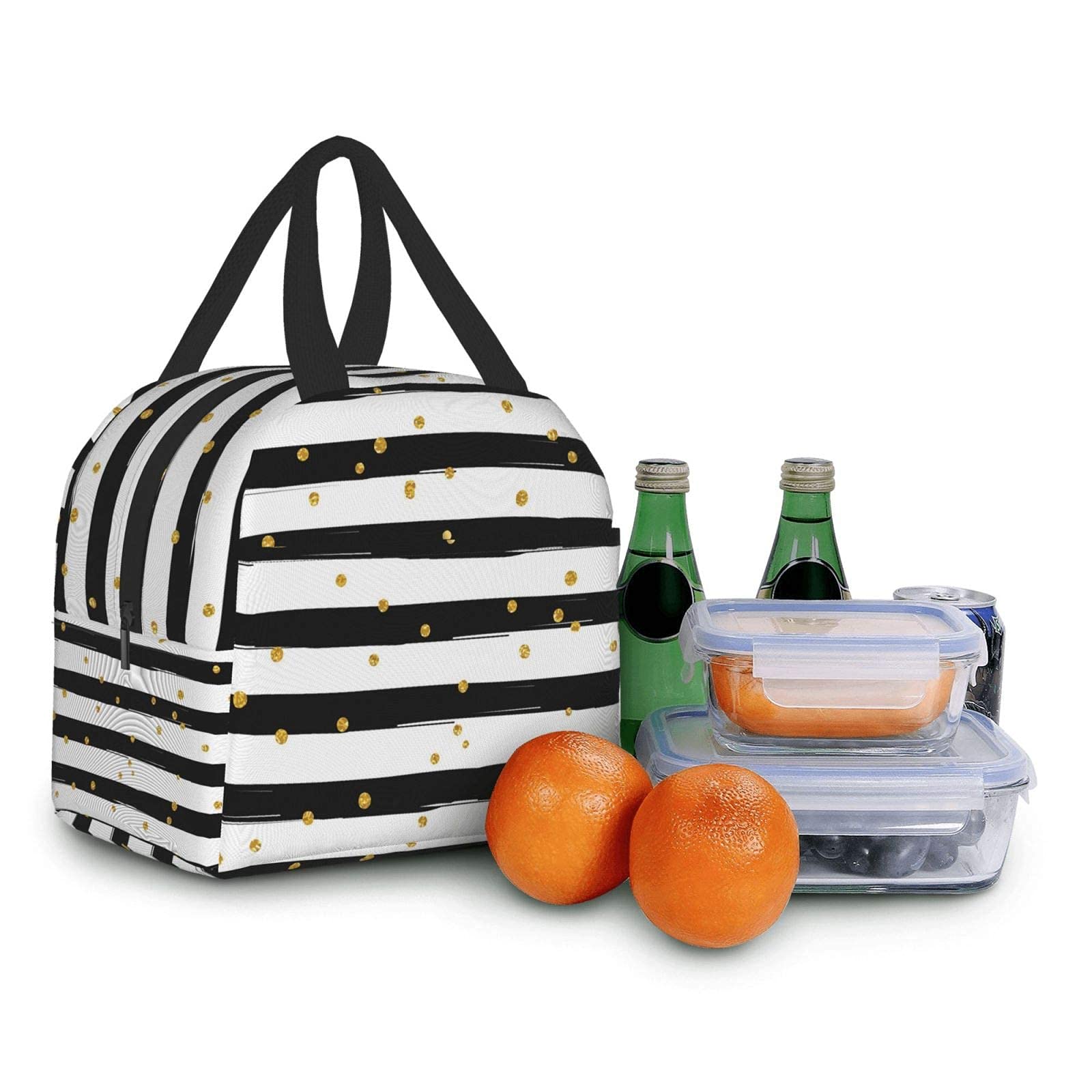 Black and White Striped Insulated Lunch Bag with Golden Polka Dots - Reusable Compact Tote Lunch Box for Women & Men - Perfect for School, Office, Work, Picnics and Outdoor Activities