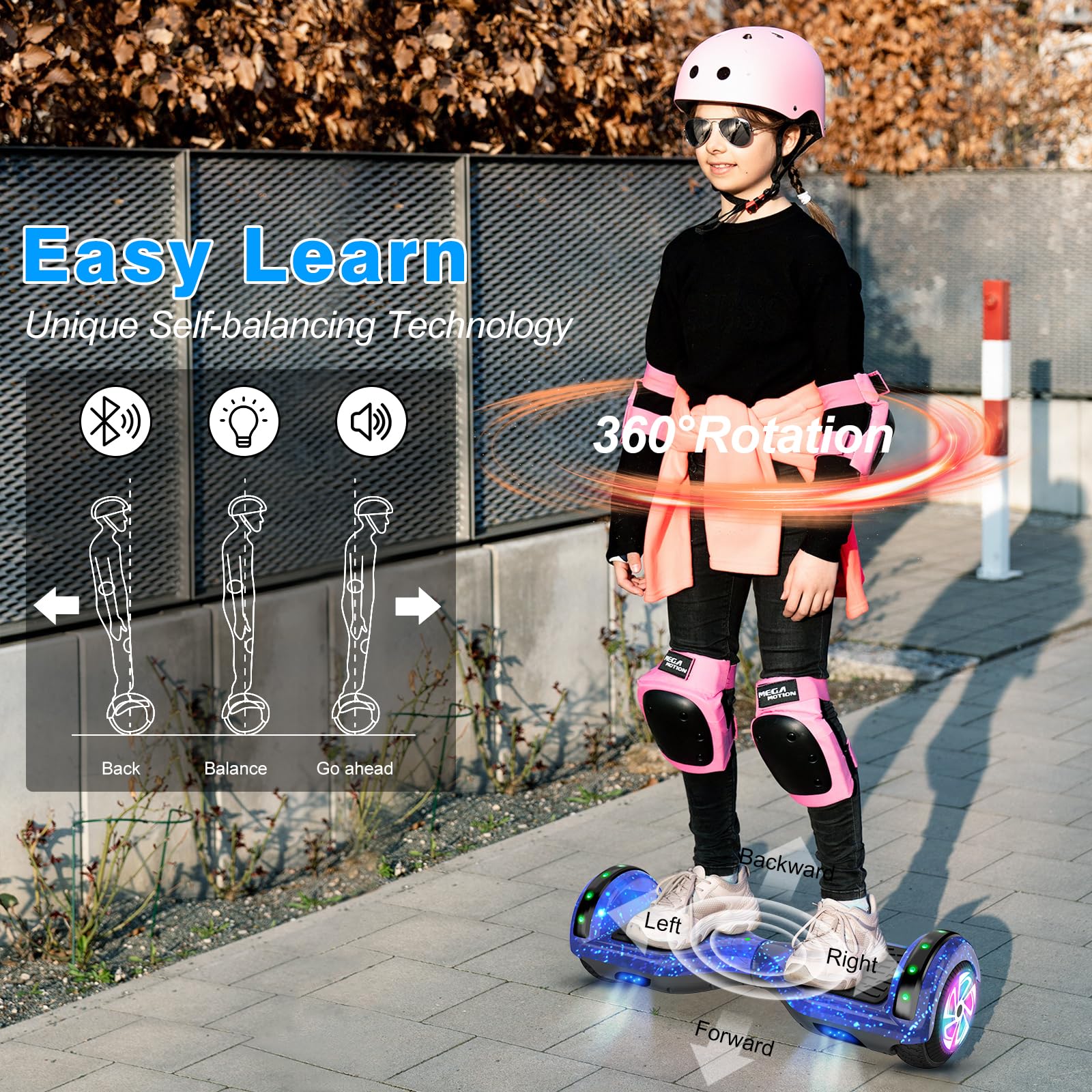 Self-Balancing Hoverboard Scooter with Bluetooth Speaker & LED Lights - Electric Scooter for Kids Ages 6-12 - Perfect for Commuting, Outdoor Fun & Birthday Gifts