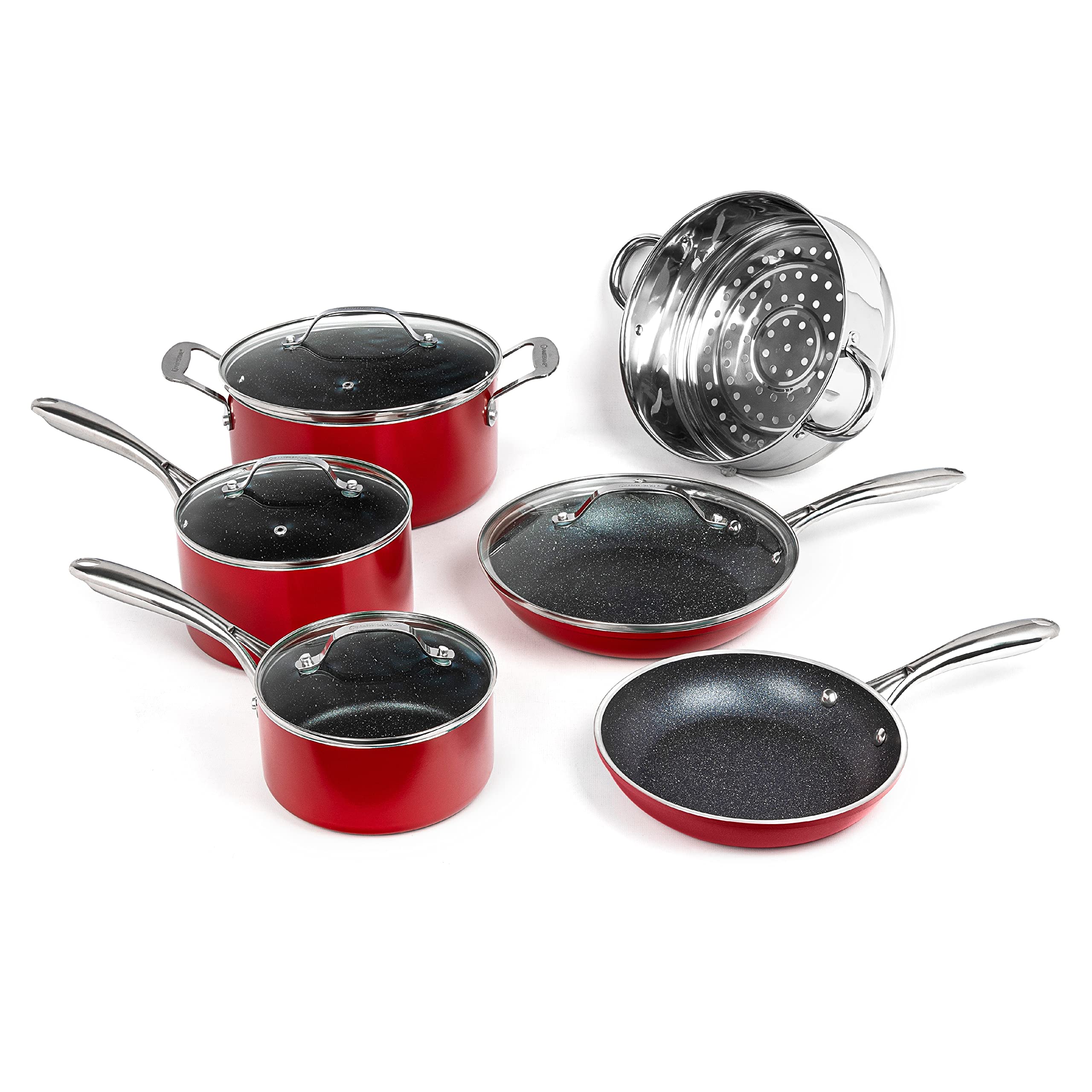 GraniteStone 10-Piece Nonstick Cookware Set - Red Granite Coated Pots and Pans with Diamond Infused Technology | Durable Kitchen Cookware for Frying, Boiling & Sauteing | Perfect for Gas, Electric & Induction Stovetops