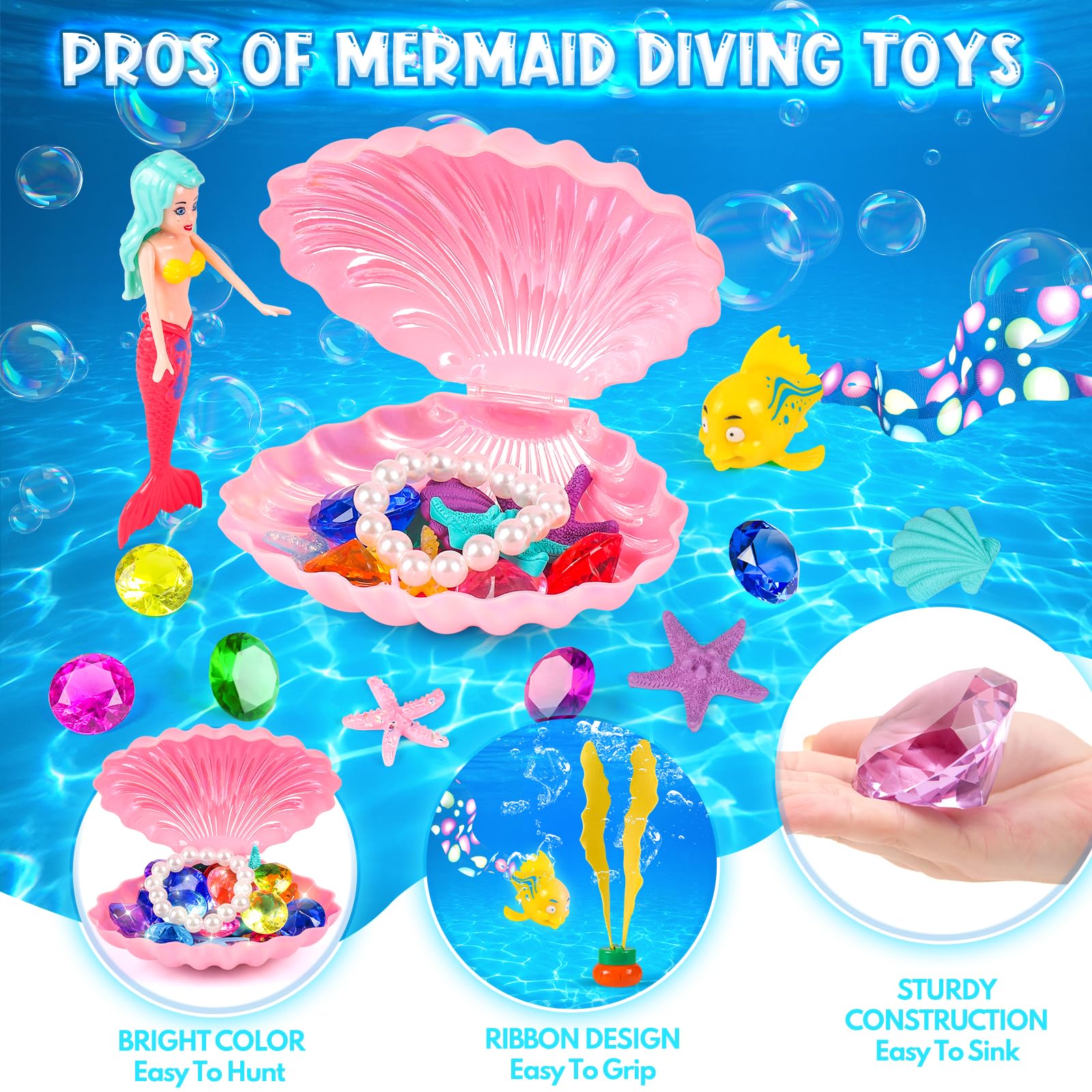 31Pcs Mermaid Pool Toys Set with Shell Treasure Chests & Storage Bag - Diving Toys for Kids Swimming Games | Summer Water Toys Gift for Toddlers Boys & Girls | Perfect for Pool Parties, Beach Trips & Backyard Fun