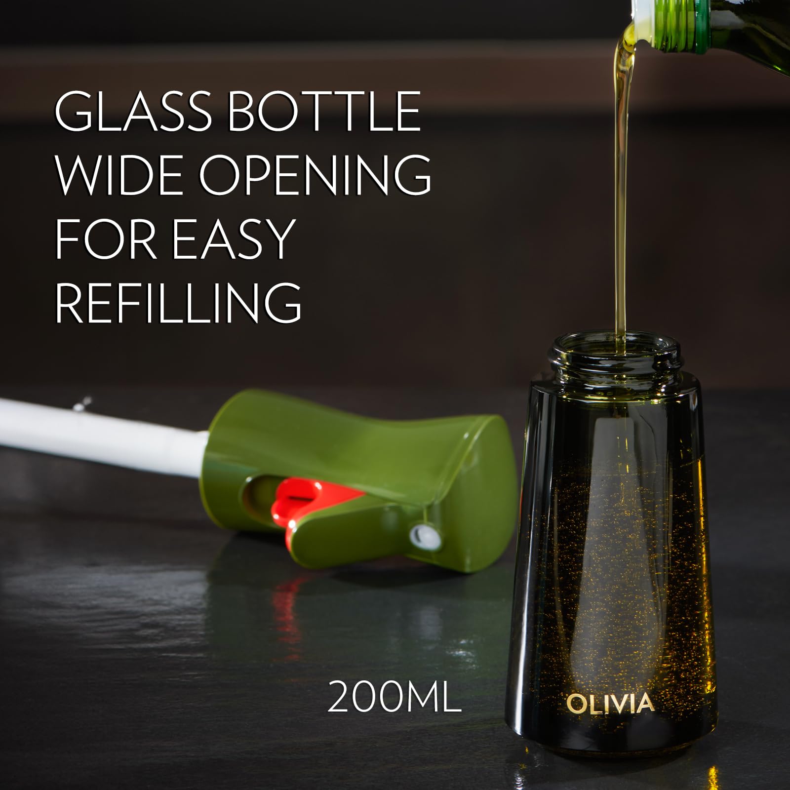 FLAIROSOL OLIVIA 200ml Glass Oil Sprayer for Cooking - Continuous Mist Olive Oil Dispenser with Portion Control - Perfect for Air Fryer, Salad, BBQ & Healthy Cooking (Green Bottle with Gold Print) - Ideal for Kitchen, Baking & Meal Prep