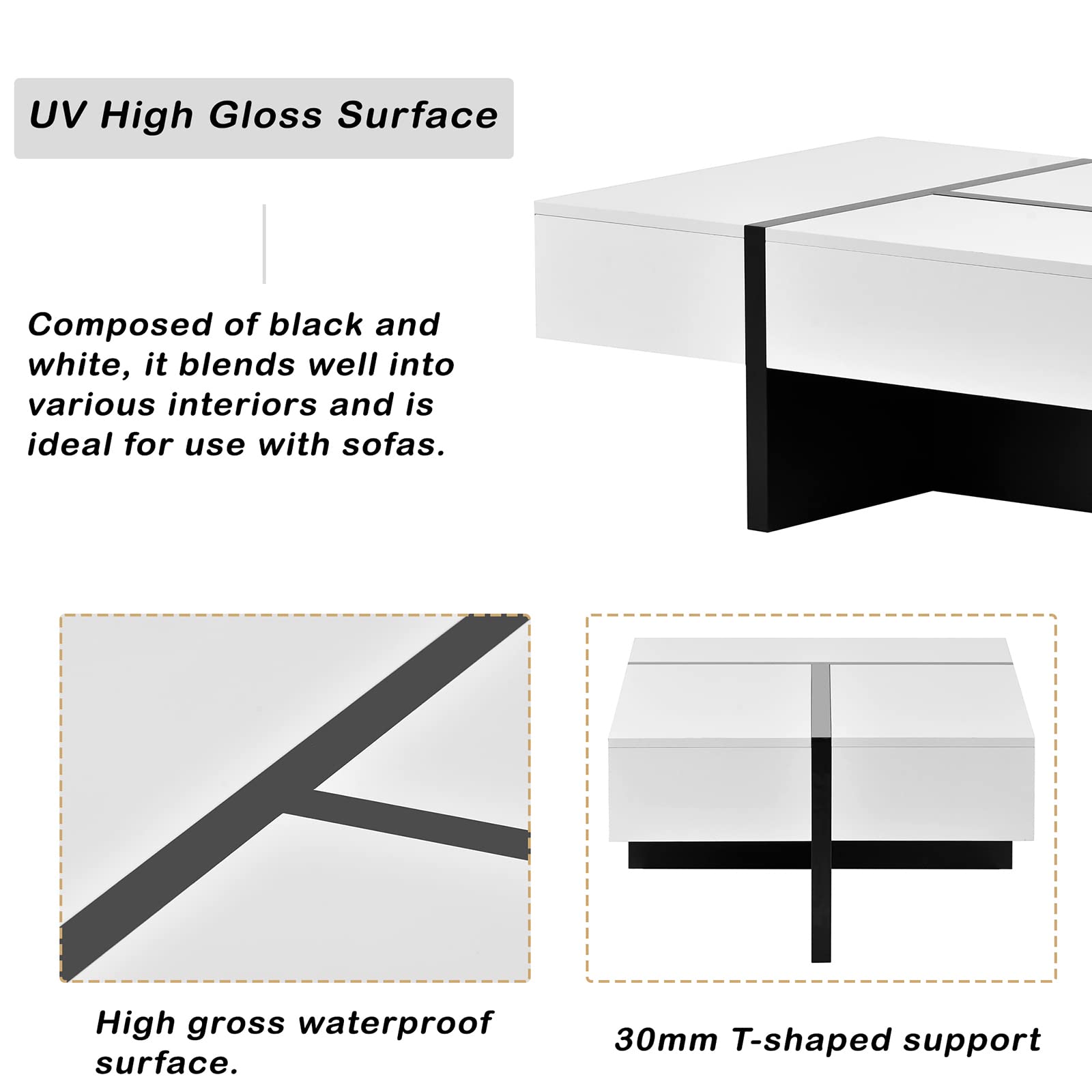 Modern Rectangle Coffee Table with Unique Design - High Gloss Cocktail Table for Living Room - 45.2 x 25.5 x 13.7 Inches Center Table for Sofa or Lounge Chairs - Easy Assembly - Perfect for Small Spaces, Apartments & Contemporary Home Decor