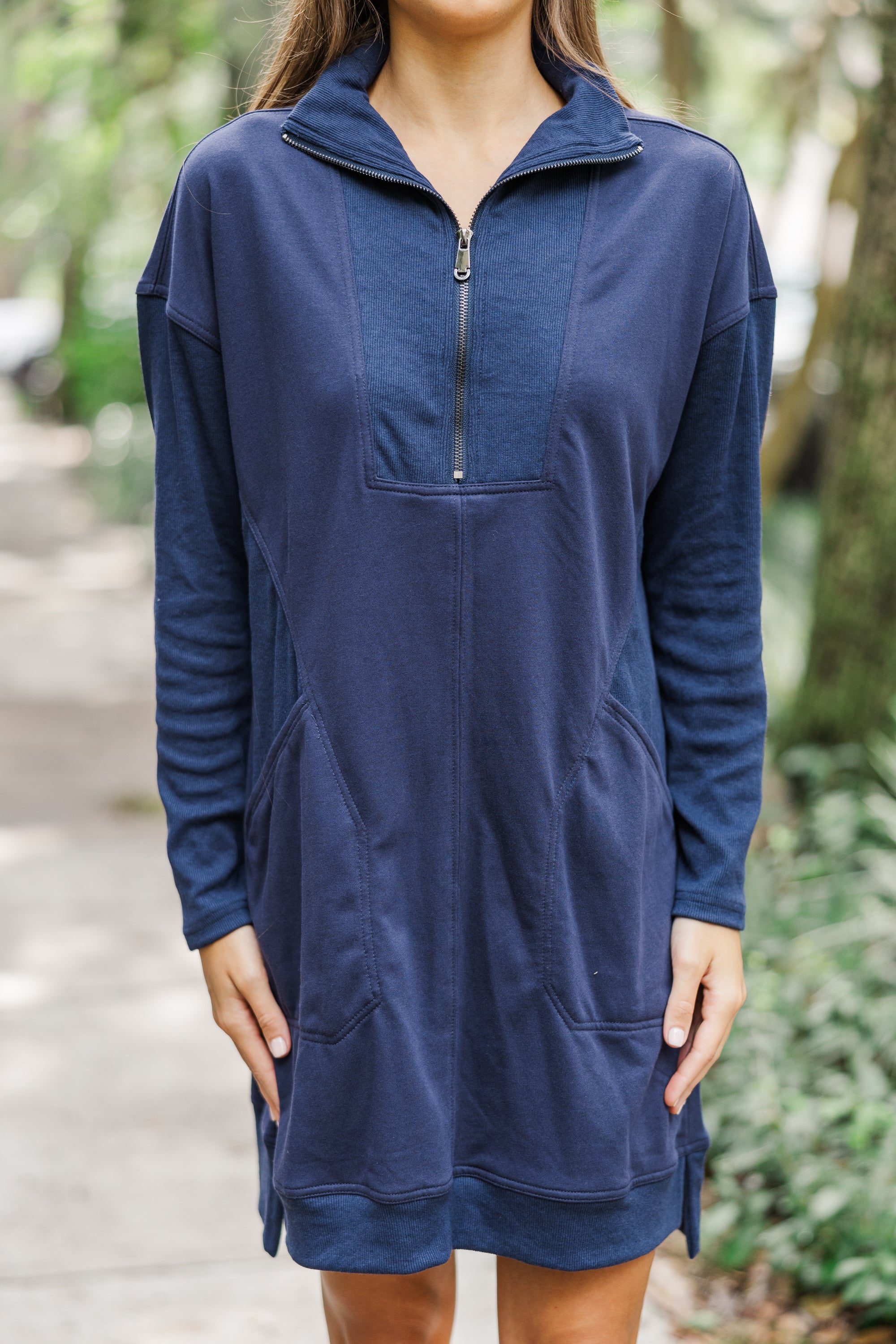 Stylish Navy Blue Sweatshirt Dress for Women - Cozy Pullover Tunic Sweater Dress - Perfect for Casual Outings, Lounge Wear & Fall Fashion