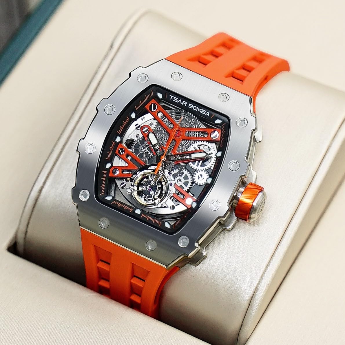 TSAR BOMBA Luxury Men's Watch - 50M Waterproof Tonneau Chronograph with Silicone Band, Mechanical Movement - Perfect for Business, Casual Wear & Gift Giving