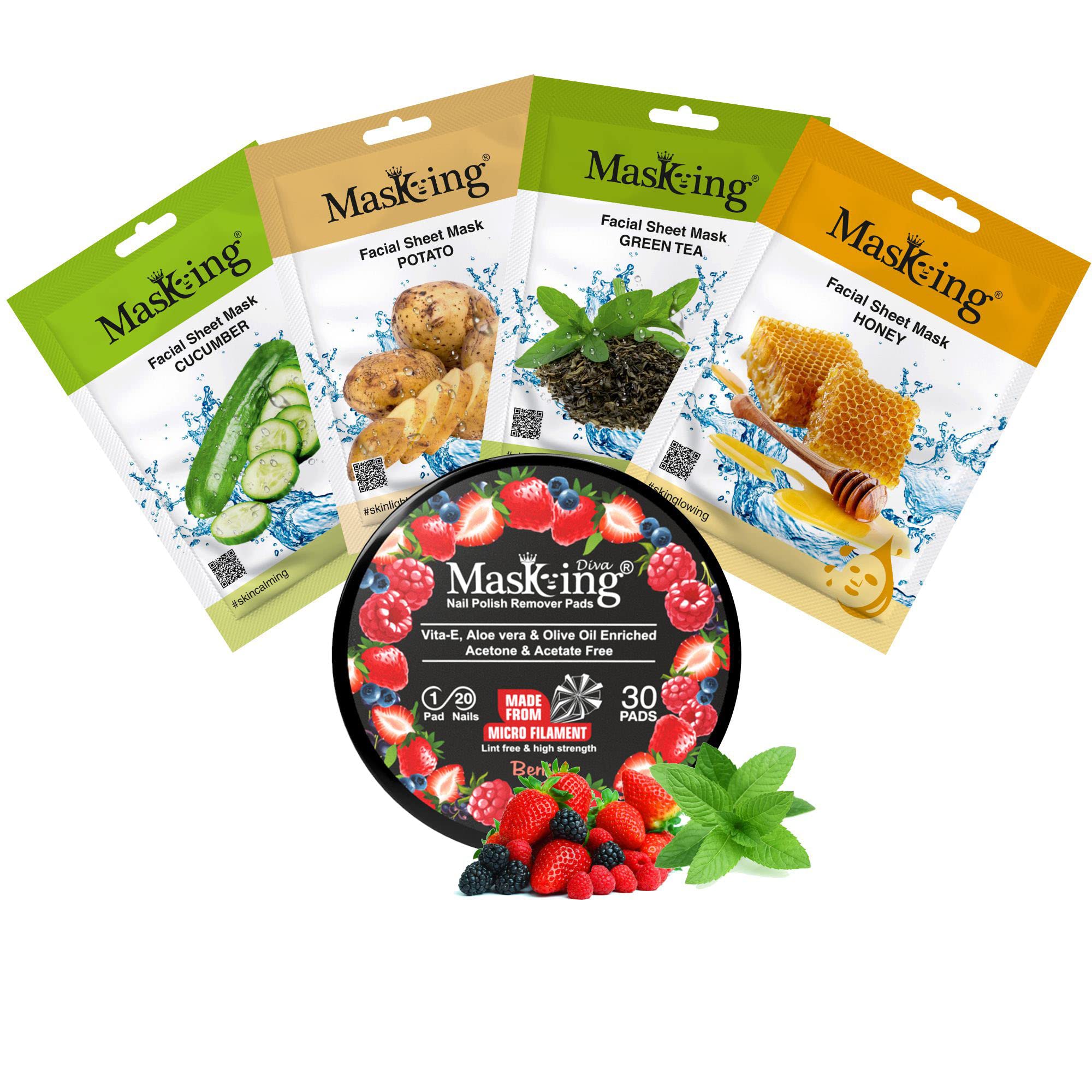 MasKing Beauty Facial Sheet Mask Set - Cucumber, Potato, Green Tea & Honey Extract Combo Pack (4 Masks) | Diva Berries Nail Polish Remover Pads (30 Count) - Hydrating & Nourishing Skincare for Women & Men - Perfect for Spa Day, Travel & At-Home Beauty Routine