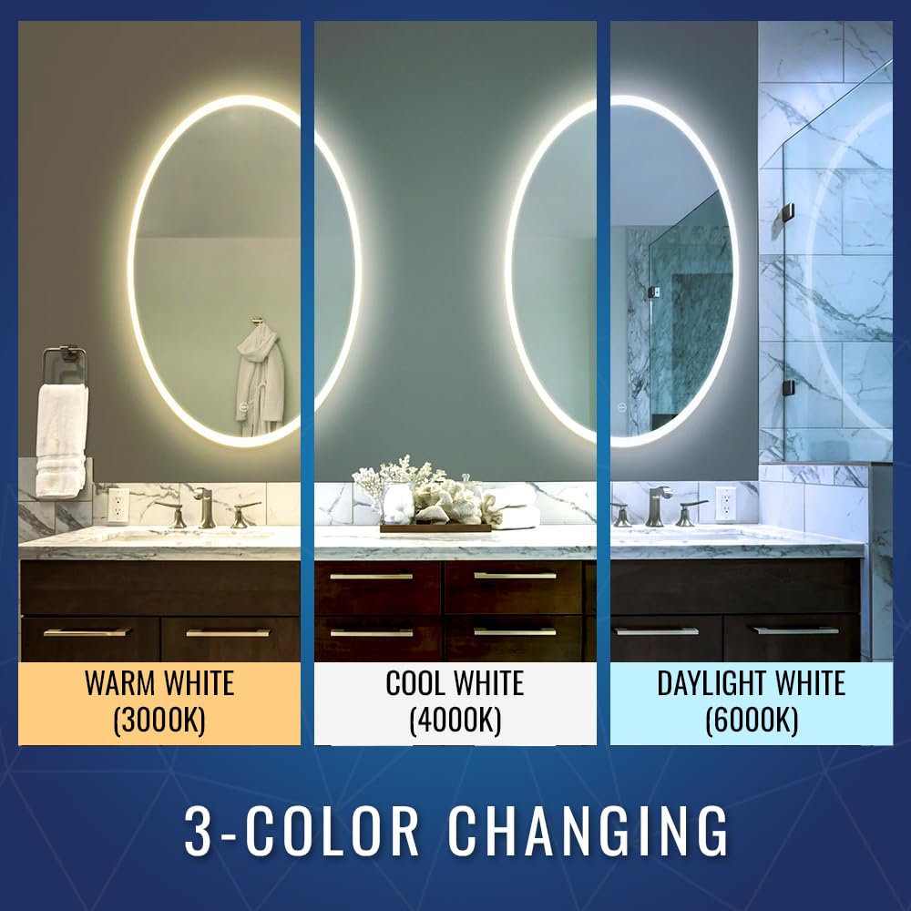 LEDMyplace 24x32 Inch Oval LED Bathroom Mirror with Adjustable CCT (3000K/4000K/6000K), Anti-Fog, High CRI 90+, Touch Control - Wall Mounted Vanity Makeup Mirror with Memory Function - Perfect for Modern Bathrooms, Dressing Rooms & Makeup Studios