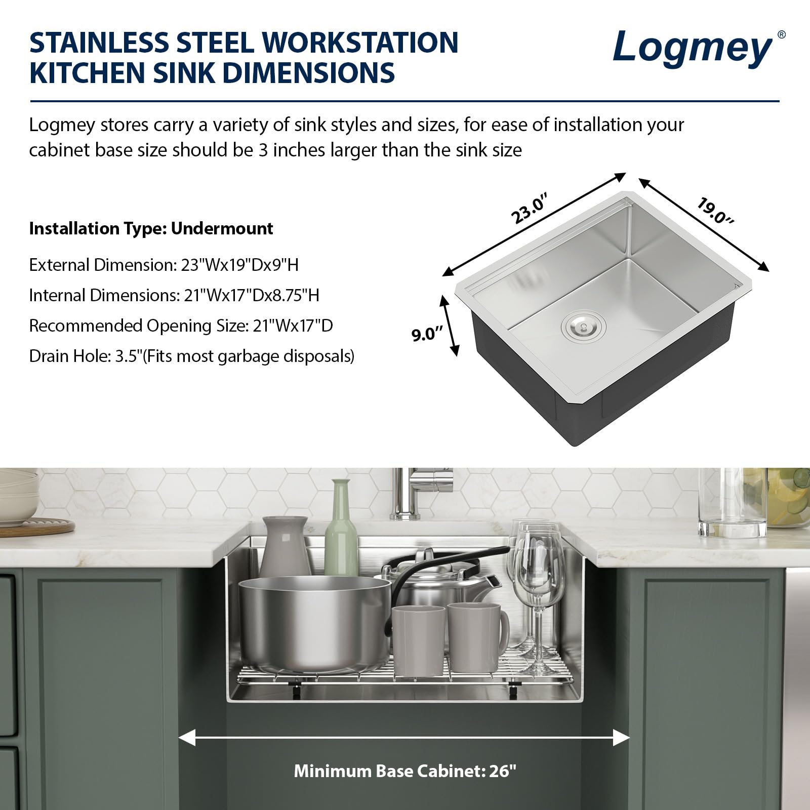 Logmey 23-Inch Undermount Bar Sink - 16 Gauge Stainless Steel Single Bowl Kitchen Sink, 23x19 Inches Under Ledge Workstation Sink for Bar Prep & Commercial Use - Perfect for Restaurants, Bars, and Home Kitchens