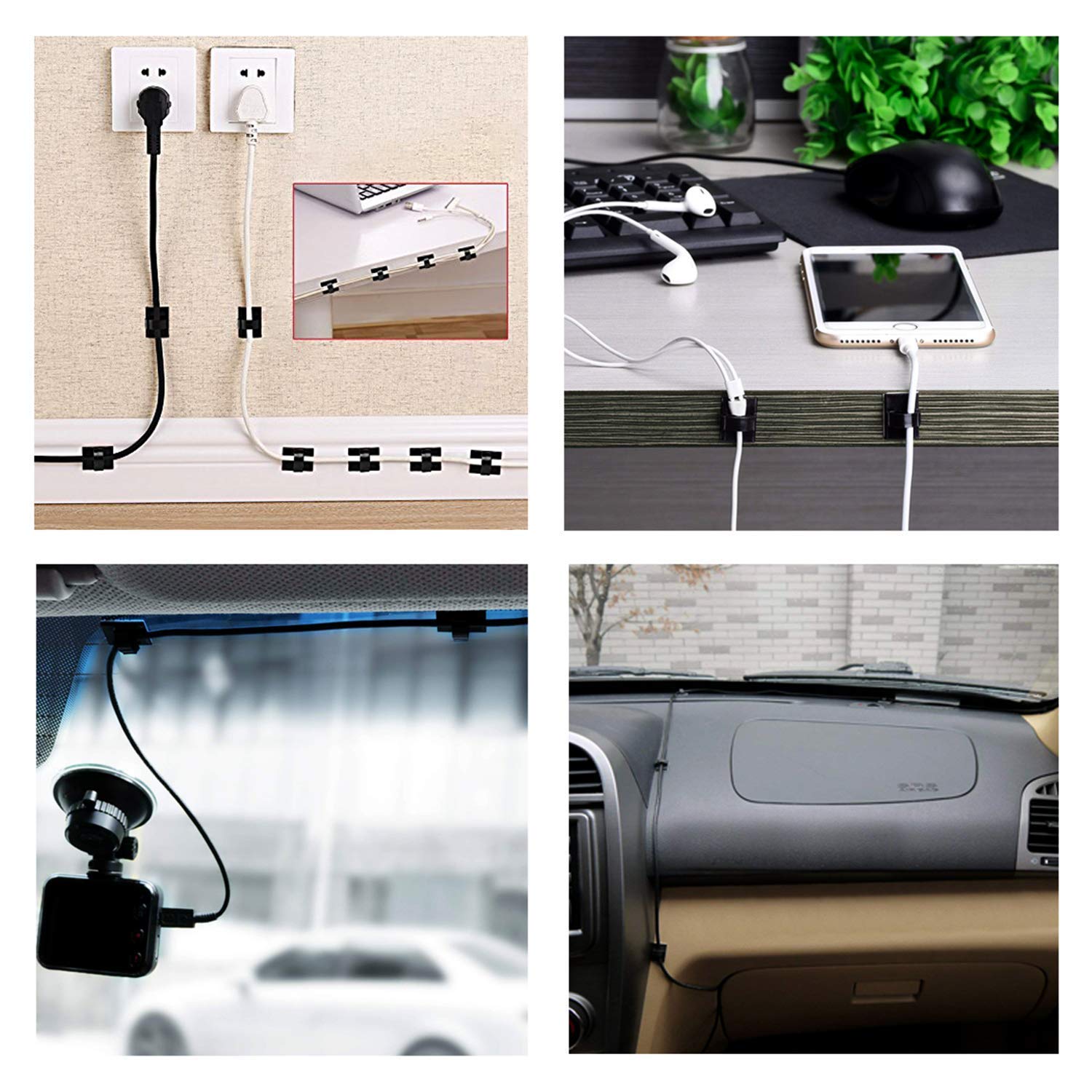 3M Self-Adhesive Cable Clips - 30pcs Black Cord Organizer for Desk, Wall, Car Dash Cam | Wire Management Clamps for Home Office & Vehicle Use